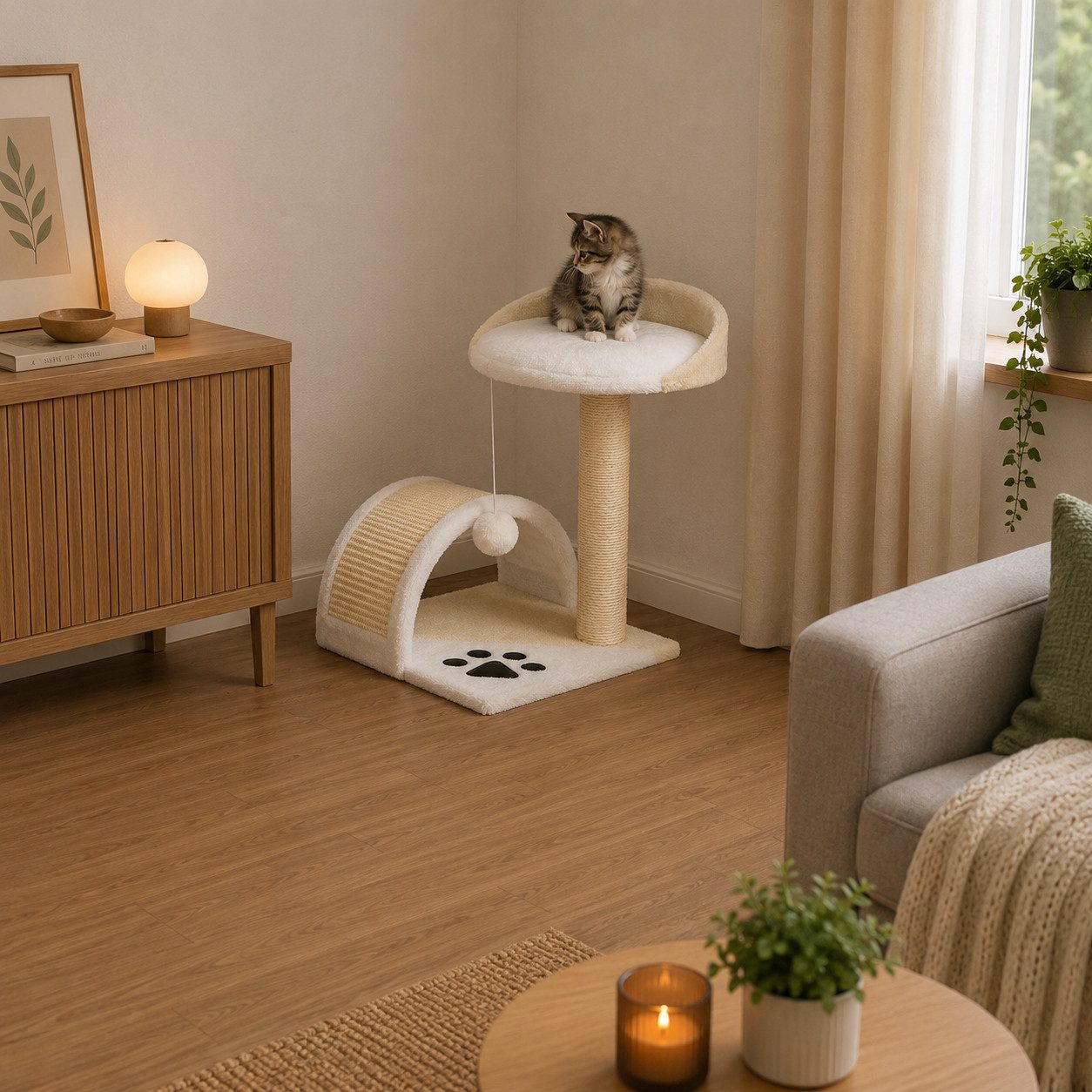 belviona Kratzbaum, platzsparender Katzenkratzbaum mit Ruheplattform, beige/weiß, mit Sisal-Kratzflächen & Spielzeug, kompakt für Katzen jeden Alters
