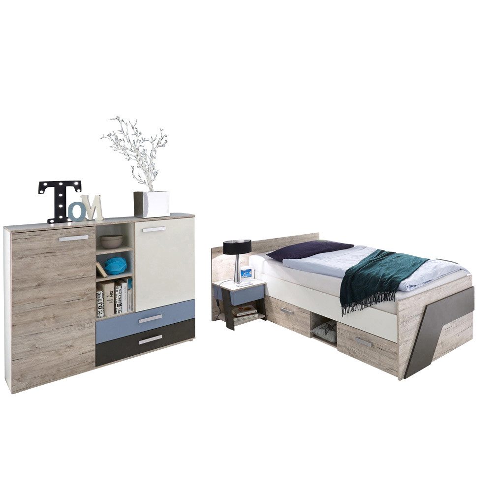 Lomadox Jugendzimmer-Set LEEDS-10, (Sparset, 3-tlg), mit Kommode 3-teilig in Sandeiche Nb. mit weiß Lava und Denim Blau