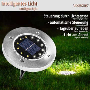 VOLTRONIC LED Solarleuchte Solar Bodenleuchte Wegeleuchte Gartenleuchte, Lichtsensor, Solarmodul, LED fest integriert, Kaltweiß, 8 LEDs, kaltweiß beleuchtet, Edelstahl-Look, abnehmbarer Erdspieß