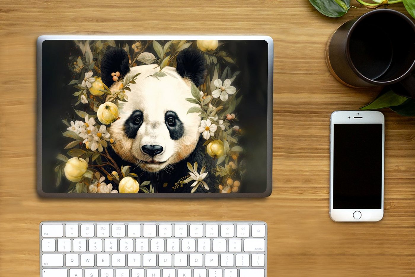 Thumbnail - MuchoWow Laptop-Aufkleber Panda - Pandabär - Wildtiere - Blumen, (1tlg), Laptop Folien Cover, Aufkleber, Sticker, Schutz...