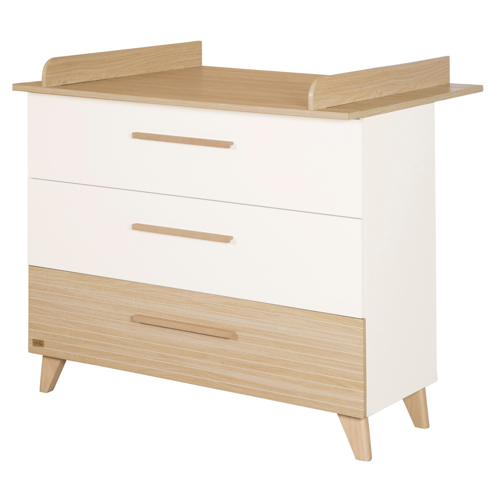 roba® Wickelkommode Theo - Wickelkommode aus Holz in modernem Design, Wickelhöhe 90,5 cm - Schubladen mit Vollauszug - Weiß / Ulme