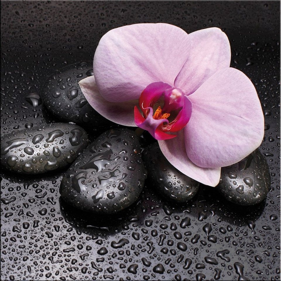 artissimo Glasbild Glasbild 30x30cm Bild Wellness Zen Steine Orchidee,  Steine und Blumen