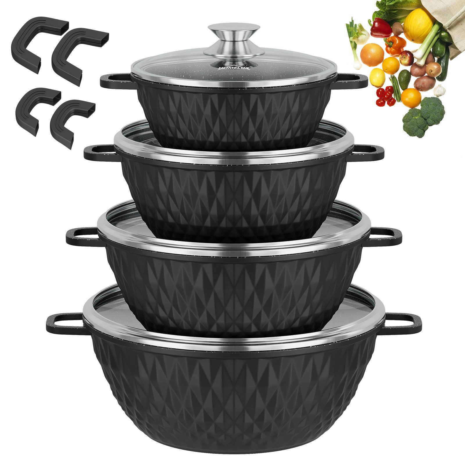 HOMELUX Topf-Set 8-tlg Kochtopf Set Induktions 20/24/28/32cm Töpfe Set mit Deckel, Aluminium (Kochtöpfe Induktions für Alle Herdarten), Induktion, Antihaft-beschichtung