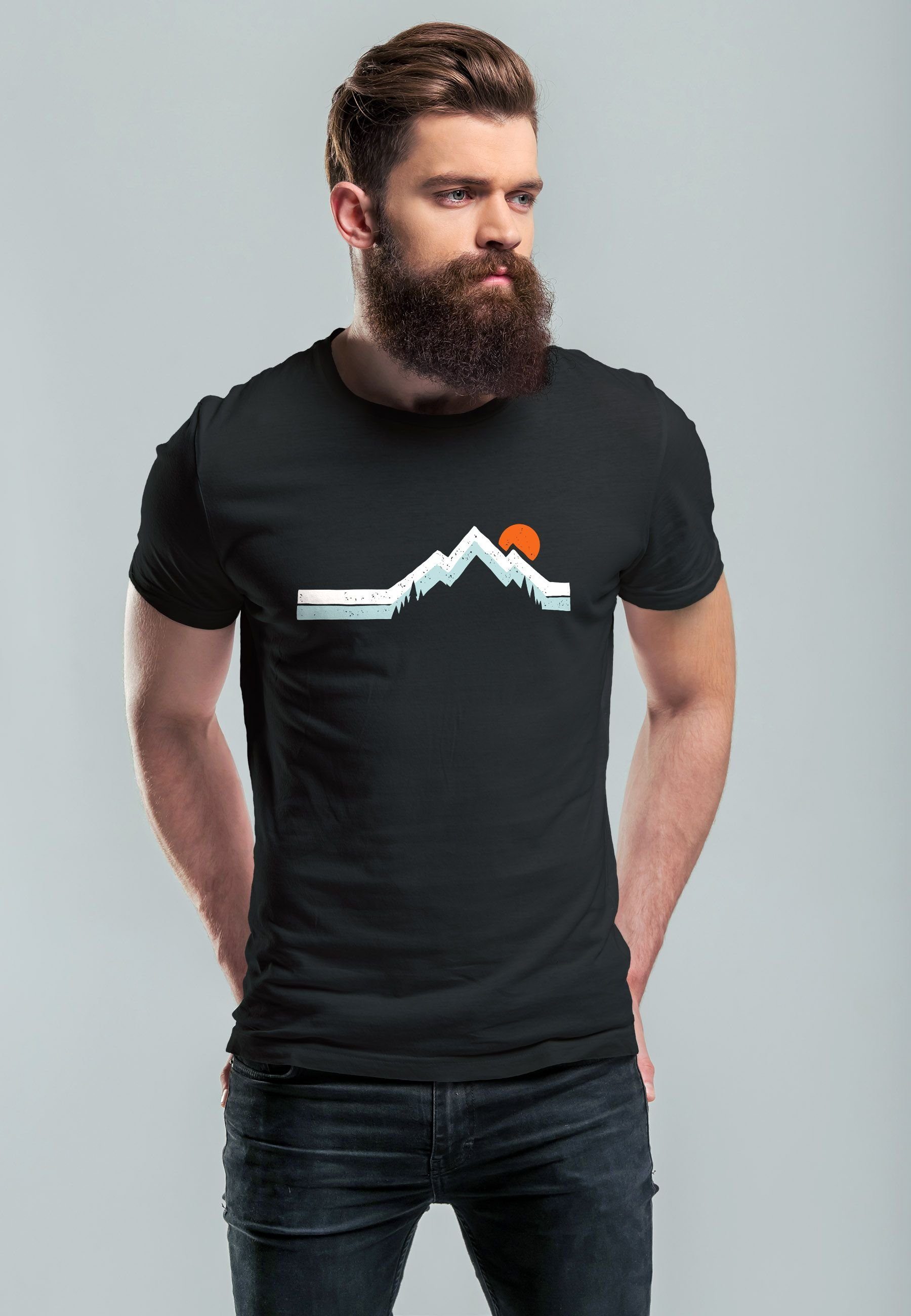 Neverless T-Shirt Aufdruck mit schwarz Outdoor Print-Shirt Wandern mit Herren Fash Print Printshirt Natur Berg