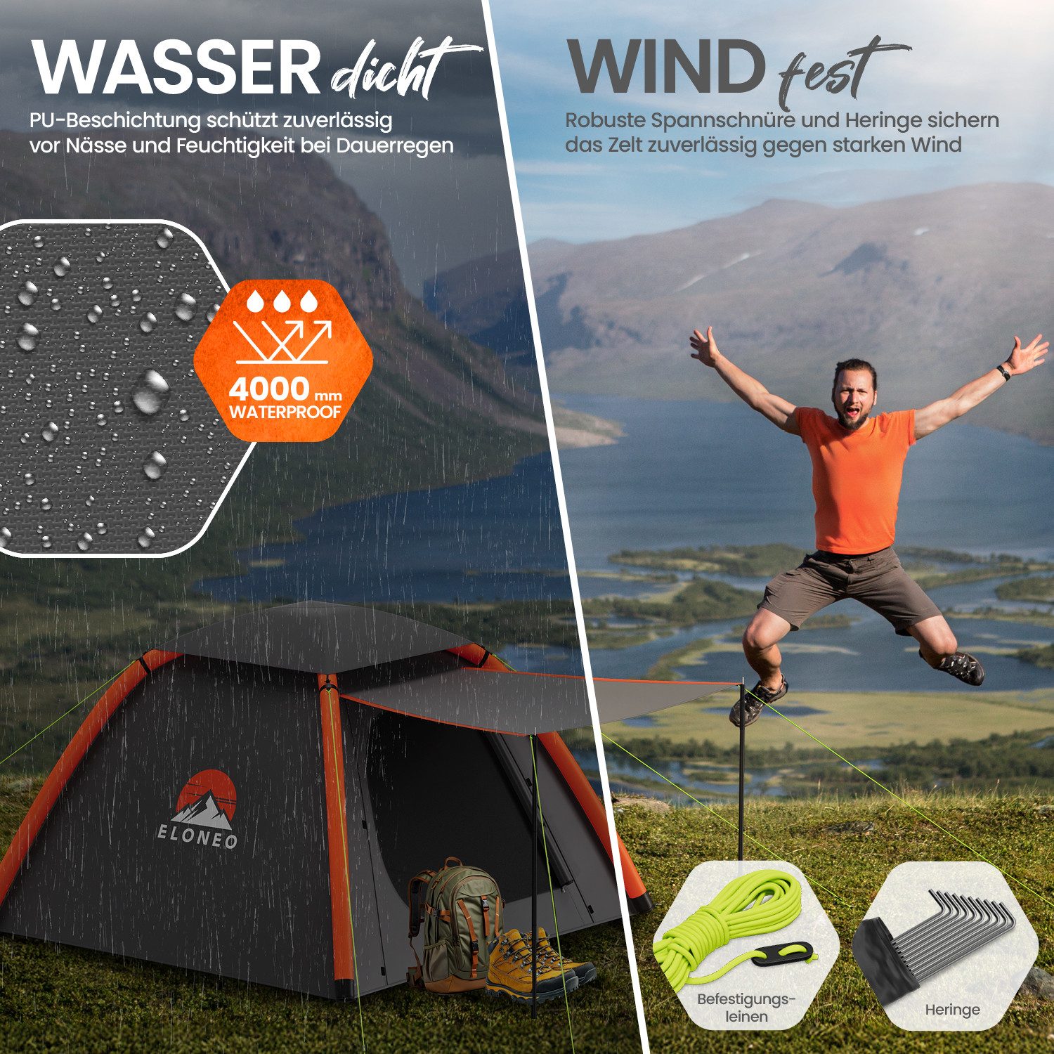 ELONEO aufblasbares Zelt mit Vordach & Luftpumpe, 1-4 Personen, Camping Zelt, Luftzelt, Personen: 4, Familienzelt, wasserdicht, ultraleicht, mit Outdoor Licht/L – Bild 5 von 5