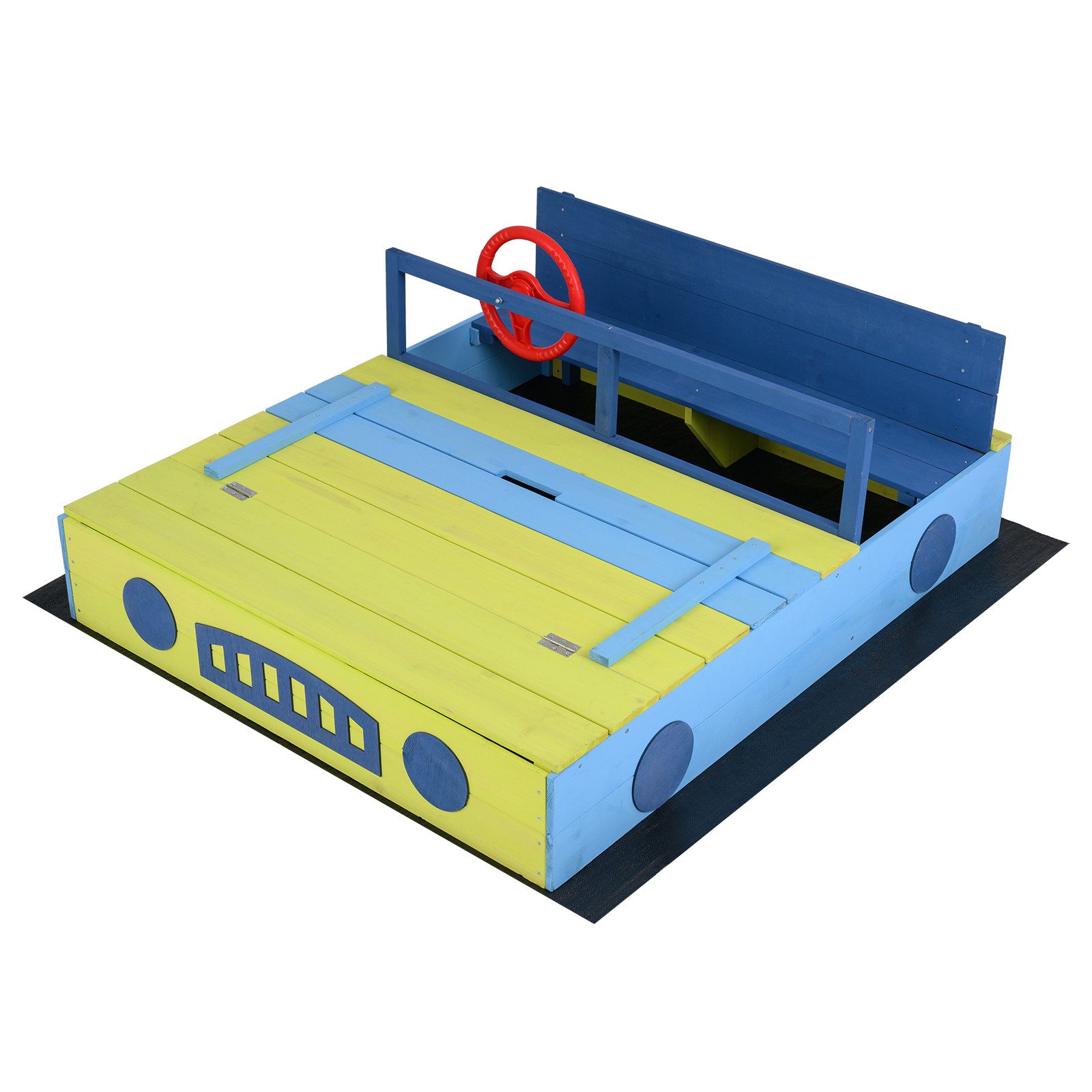 COSTWAY Sandkasten, Form von Cartoon-Auto, mit klappbarem Deckel & Sandkastenvlies