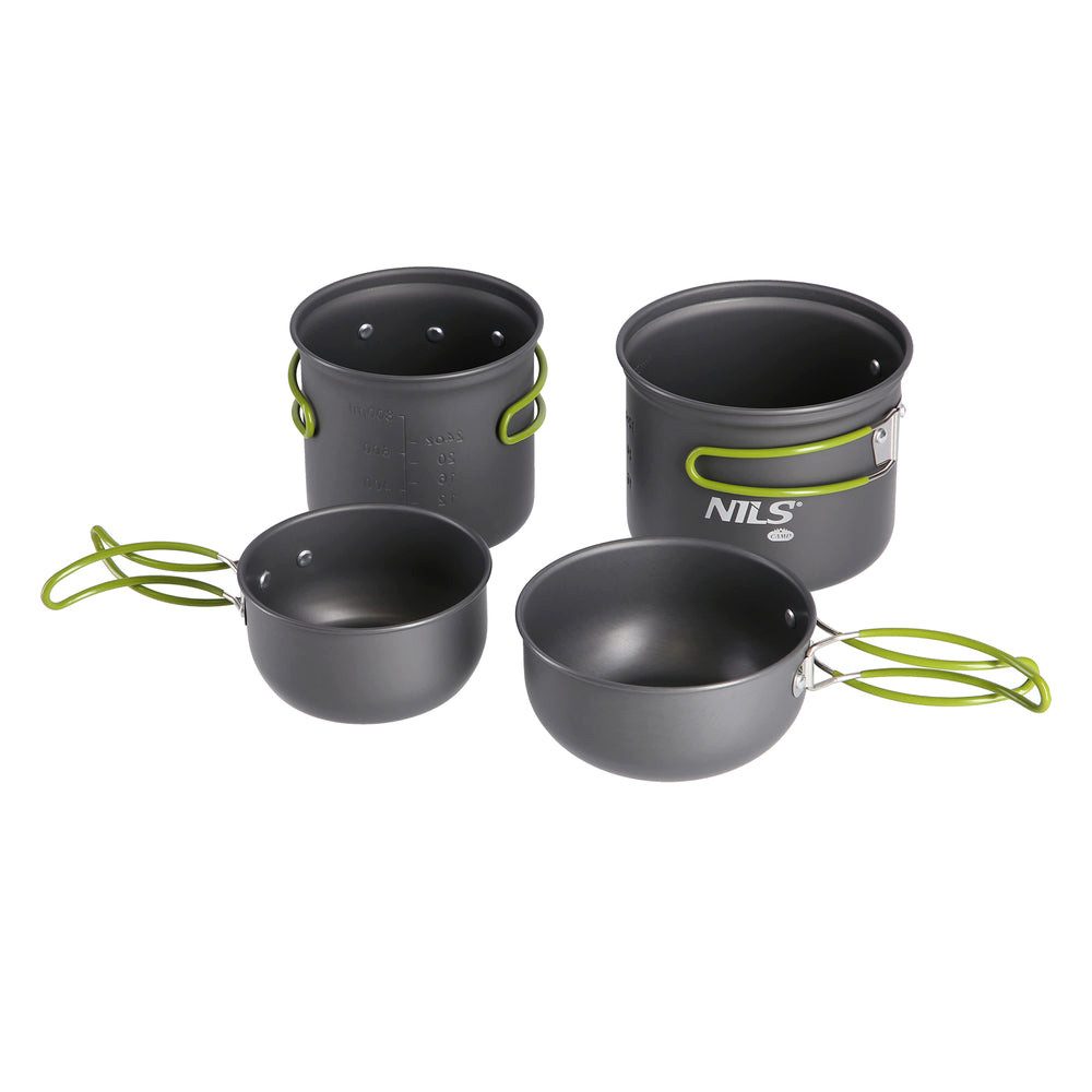 NILS CAMP Geschirr-Set Campingkochset Outdoor Kochtopfset (4-tlg), 2 Personen, Eloxiertes Aluminium, Edelstahl, faltbare isolierte Griffe, leicht, Tragetasche