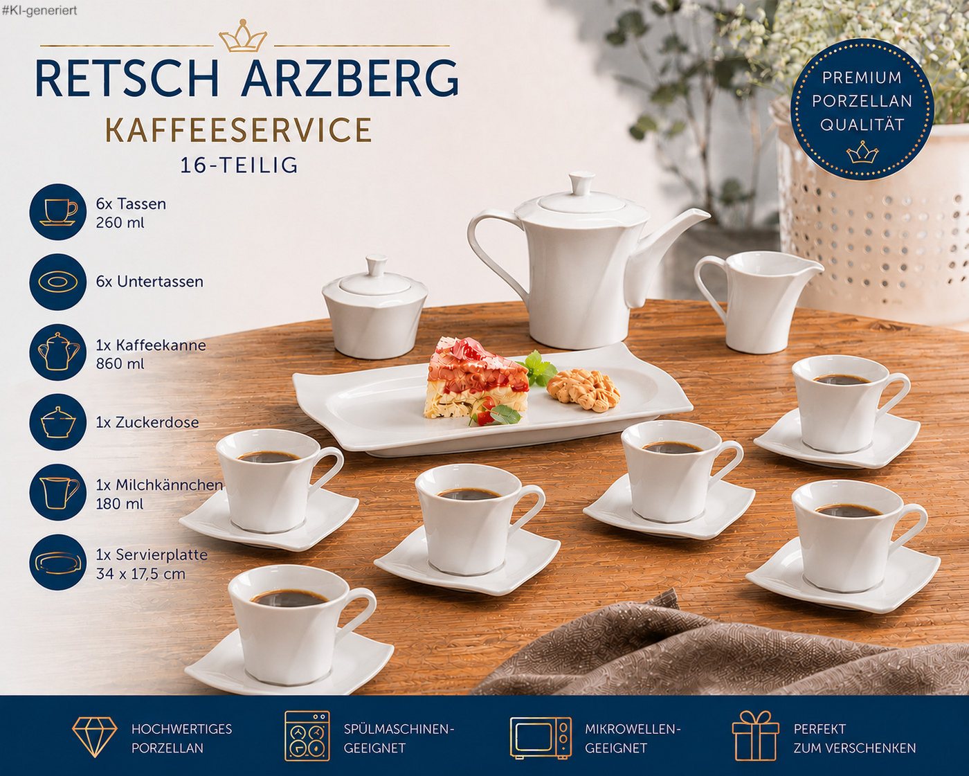 Retsch Arzberg Kaffeeservice 16-teilig – Tassen (200 ml oder 260 ml), 6 Personen, Spülmaschinengeeignet