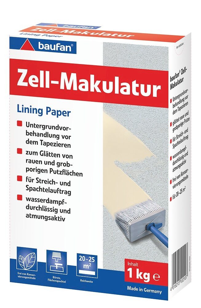 baufan® Tapetengrund Zell-Makulatur 1,0 kg Untergrundvorbehandlung zum Glätten, glättet raue und grobporige Putzflächen