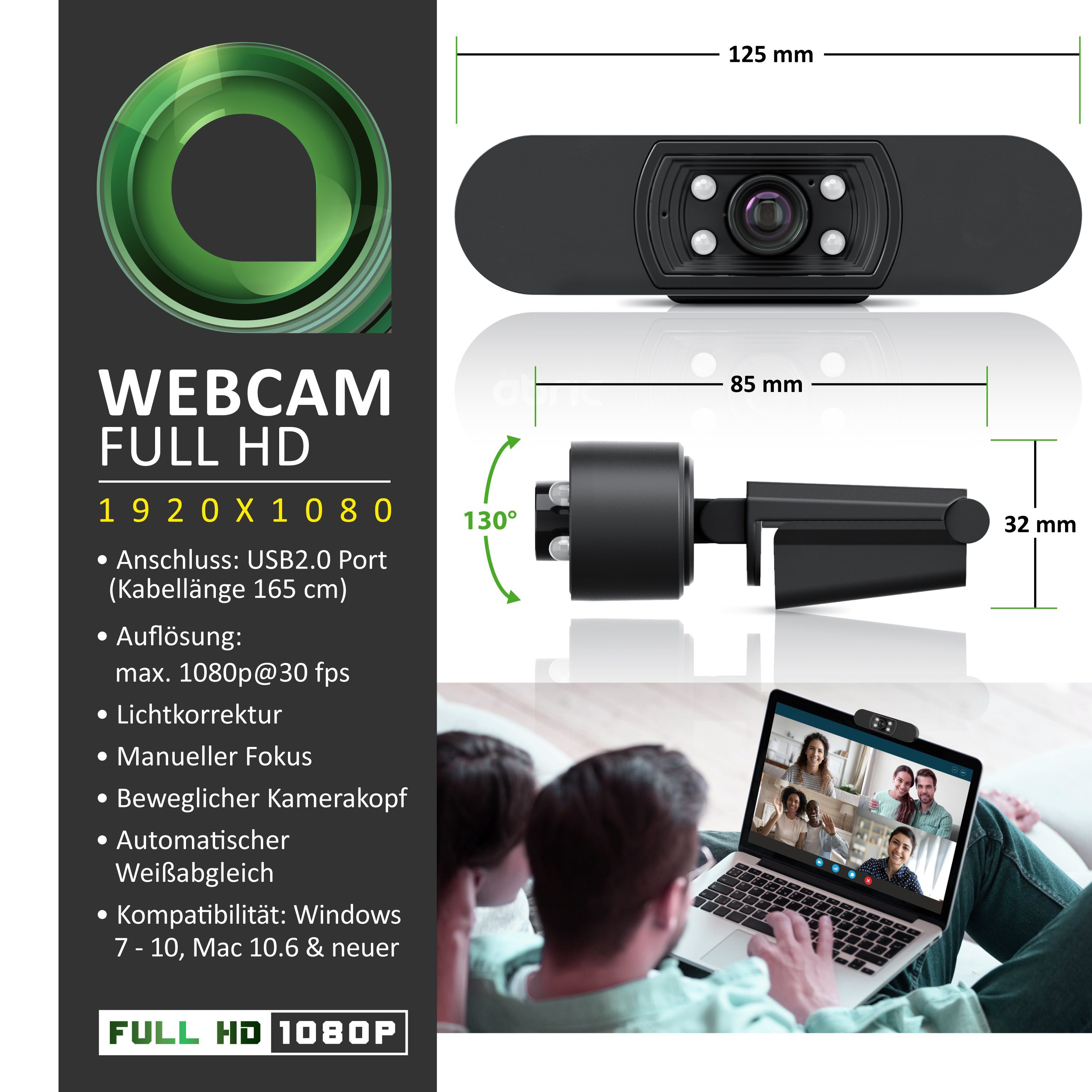 Aplic Full HD-Webcam (1920x1080P @ 30Hz, 4 Hilfslichter, Szenelicht, Mikrofon, Stativgewinde)