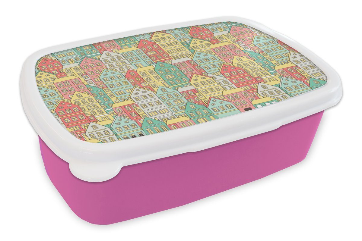 Kunststoff, Kunststoff - für Lunchbox Erwachsene, Kinder, Pastell, MuchoWow (2-tlg), Brotdose Brotbox Haus rosa Mädchen, - Snackbox, Muster
