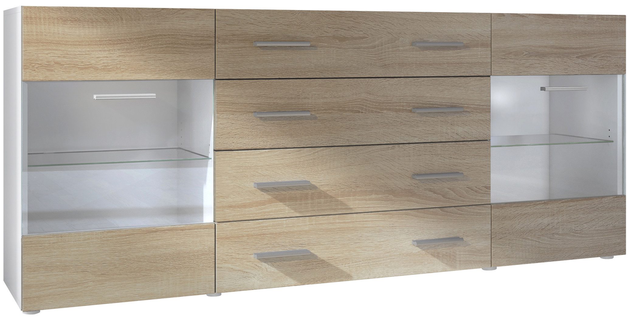 Vladon Sideboard Carlos V2 (Kommode mit 2 Türen, 4 Schubladen und 2 flexible Glaseinlegeböden), Weiß matt/Eiche sägerau (166 x 72 x 35)