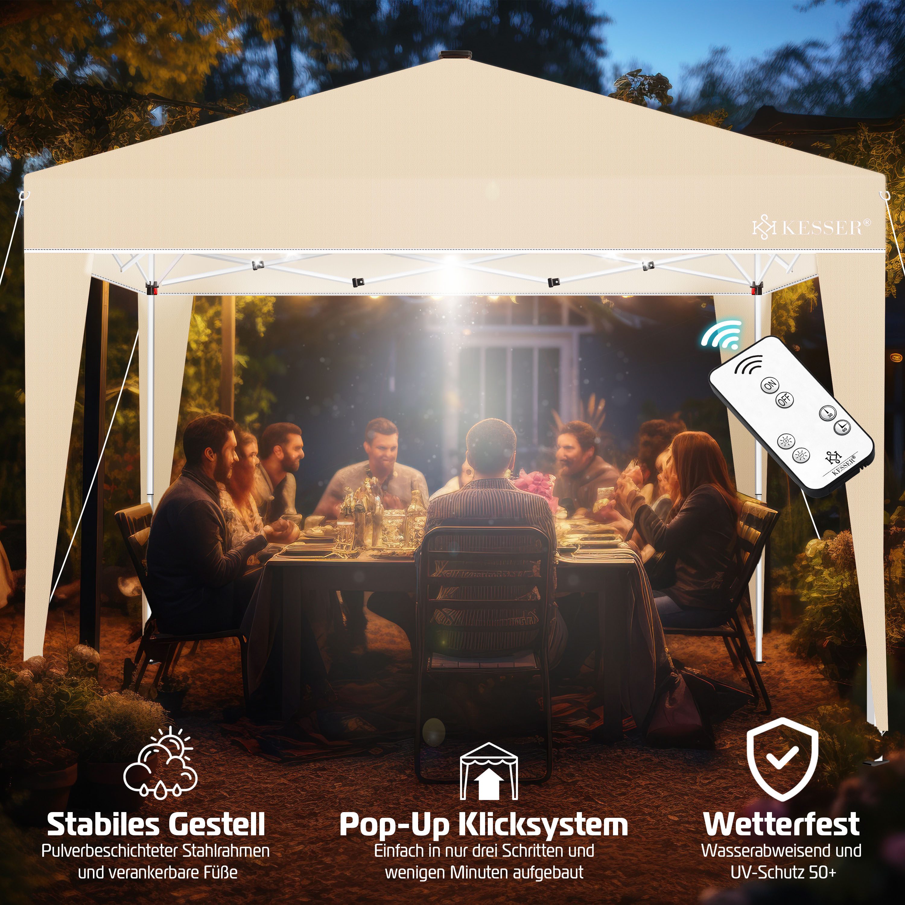 KESSER Pavillon, Faltpavillon 3x3m mit LED Beleuchtung Solar Fernbedienung