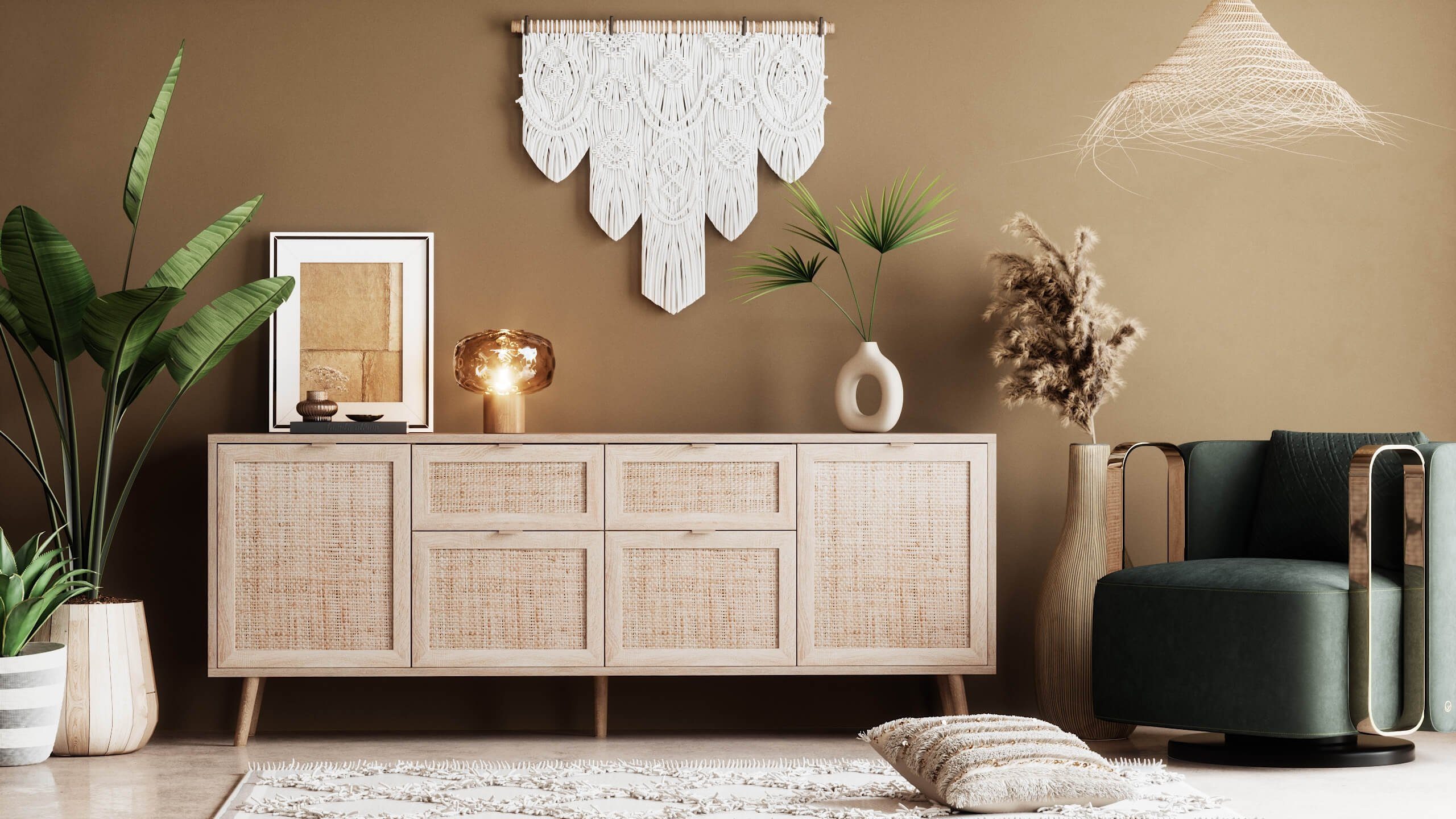 Newroom Sideboard Mila, Sideboard Sonoma Eiche Rattan Modern Boho Skandinavisch Highboard