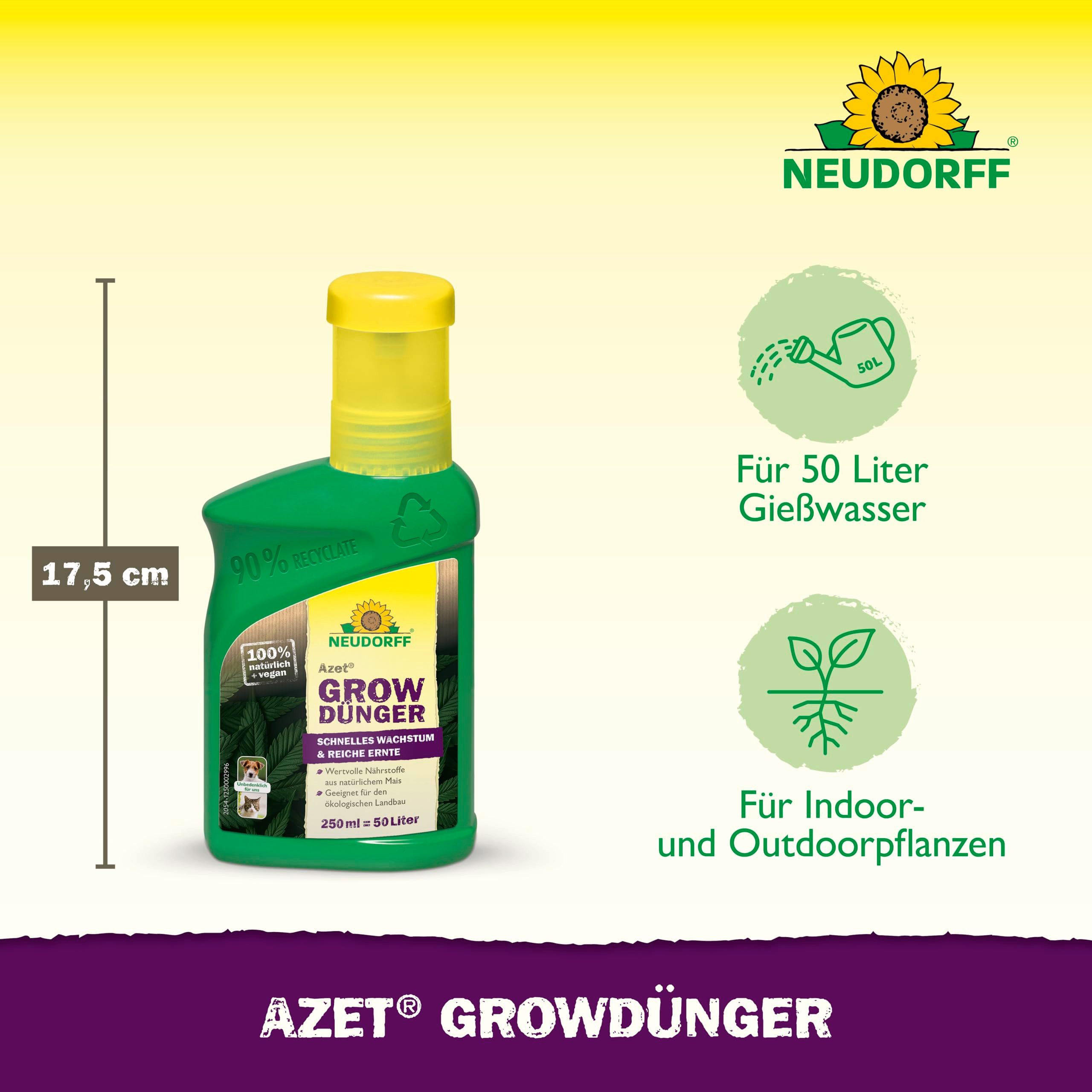 Neudorff Spezialdünger Azet GrowDünger 250ml Hanf Dünger für 50L, Vor Gebrauch gut schütteln und nur mit Wasser verdünnt anwenden., Dünger für Hanfpflanze für schnelles Wachstum und reiche Ernte, Organischer GrowDünger für kräftiges Wachstum