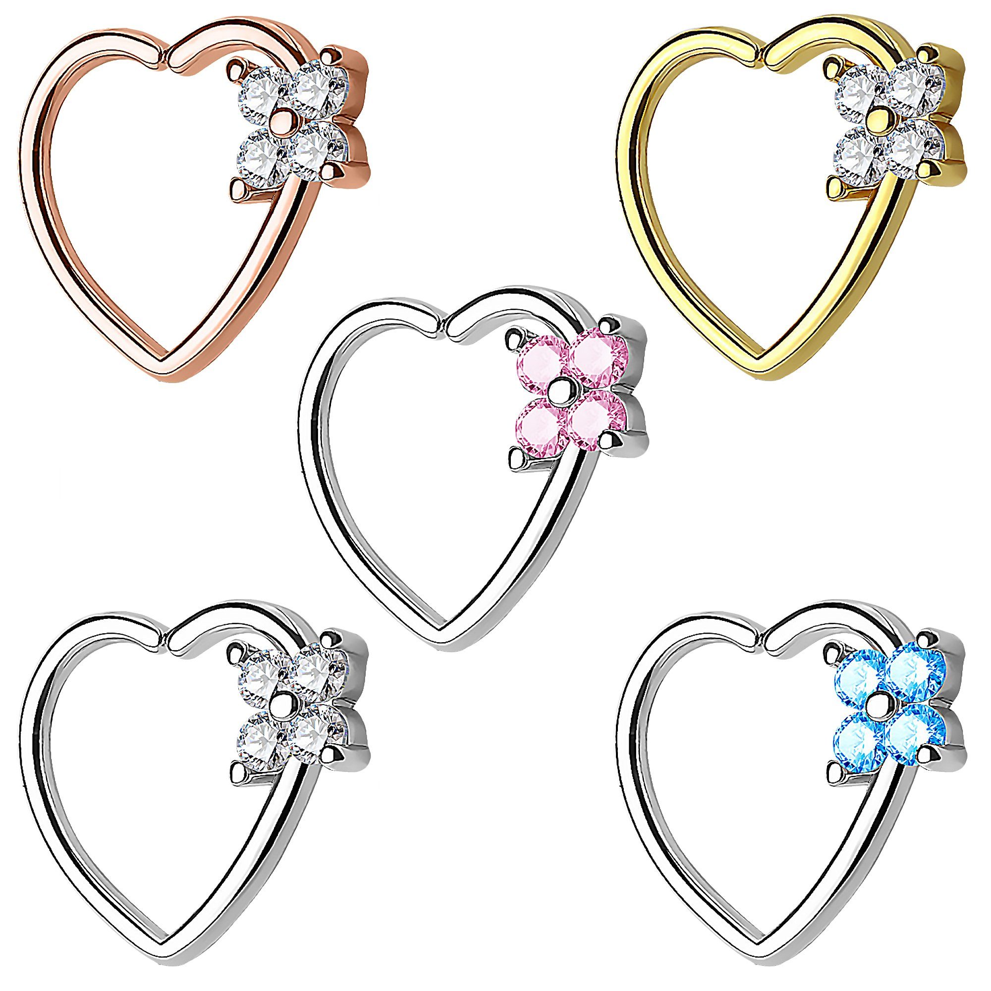 Ohr Kleeblatt Kristall Knorpel Strass Blume, Ring Ohrpiercing Herz Clear Silber Helix Piercing-Set Taffstyle Piercing - Cartilage Ring Tragus Continuous