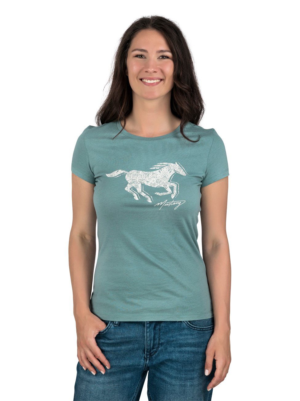 MUSTANG T-Shirt Damen Logo Printshirt Alexia C Logo Slim Fit (1-tlg) Basic Kurzarm Tee Shirt mit Rundhalsausschnitt aus 100% Baumwolle