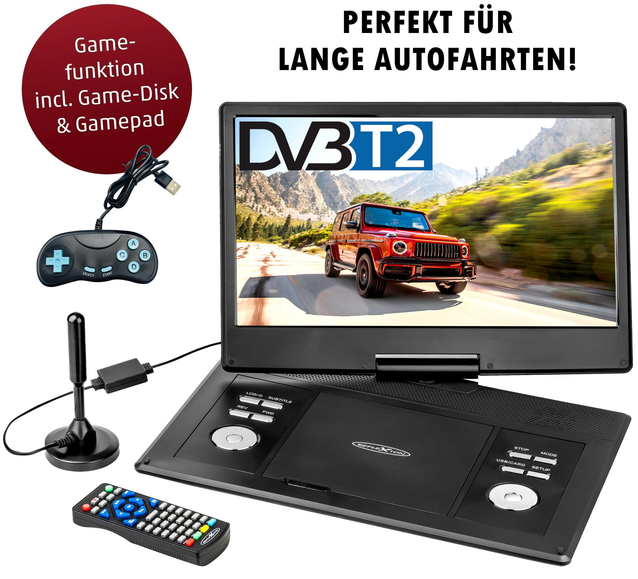 Reflexion DVD1424 Portabler DVD-Player (DVB-T2 HD Tuner, integrierter Akku, 12V Auto Adpater, Game-Disk)