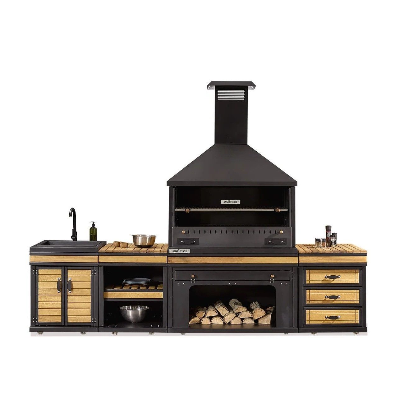 Xlmoebel Outdoor-Küche XLMOEBEL Außenküche aus Holz und Edelstahl in Schwarz-Braun, Made in Europa