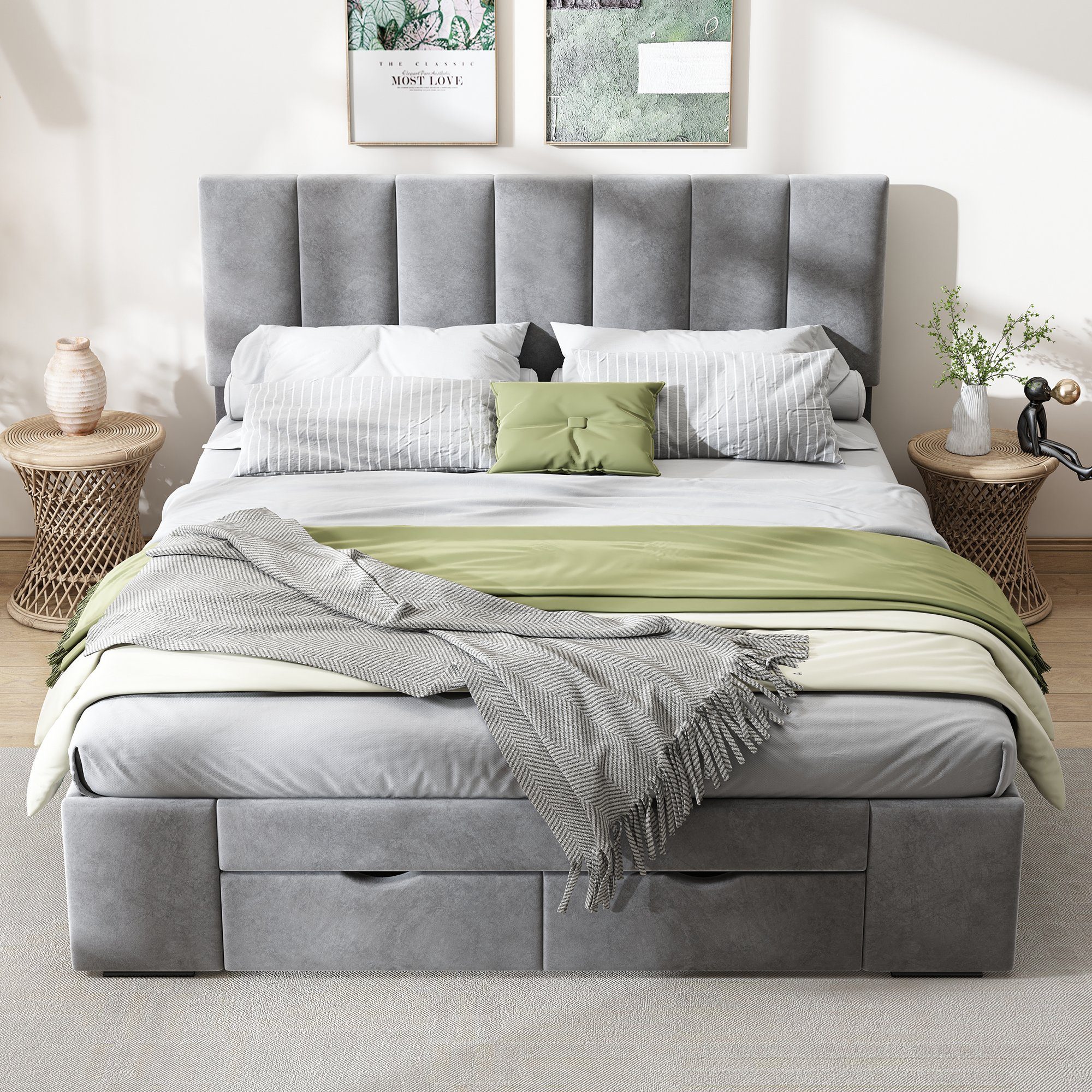 Sweiko Polsterbett, Doppelbett mit 4 Schubladen und hoher Rückenlehne, 140*200cm