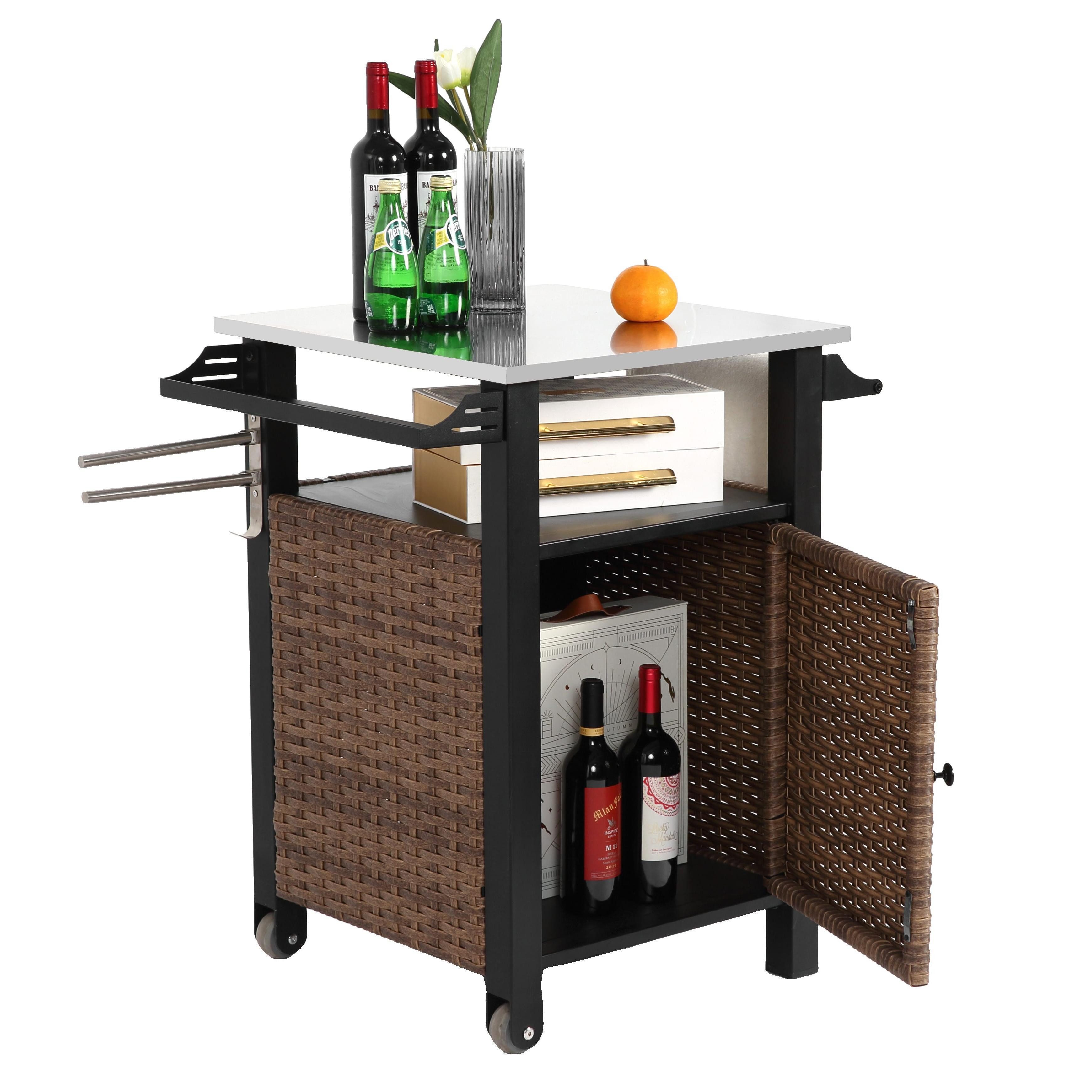 LVHOM Küchenwagen Out-/Indoor 76x57x85cm mit Rädern, Regale, Edelstahlplatte, Rattan, Handtuchhalter + Stauraum + Lagerregal, bis zu 70kg, pflegeleicht