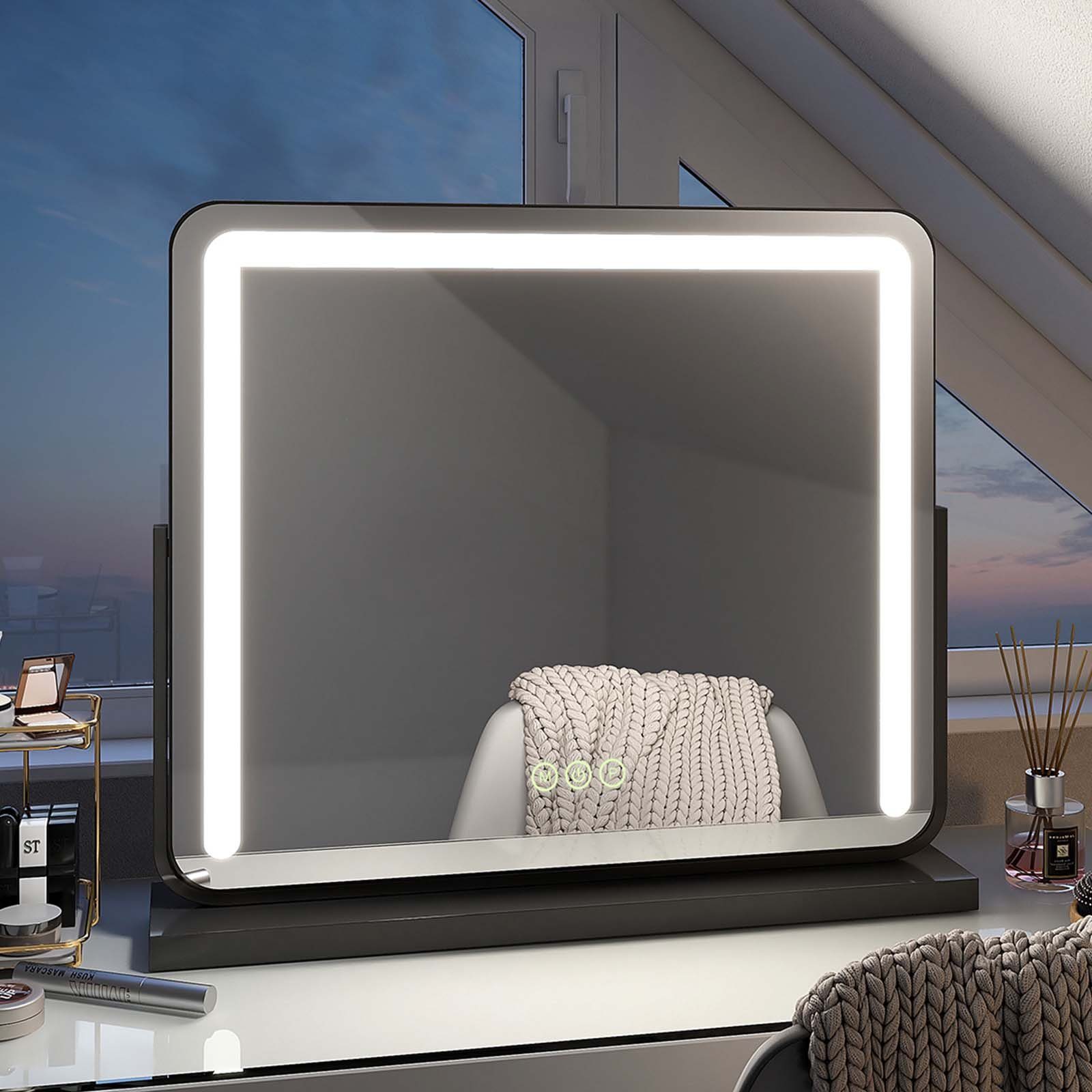 EMKE Schminkspiegel Schminkspiegel LED Kosmetikspiegel Tischspiegel mit Beleuchtung, 3 Lichtfarben, Memory-Funktion, Wandmontage/Standfuß