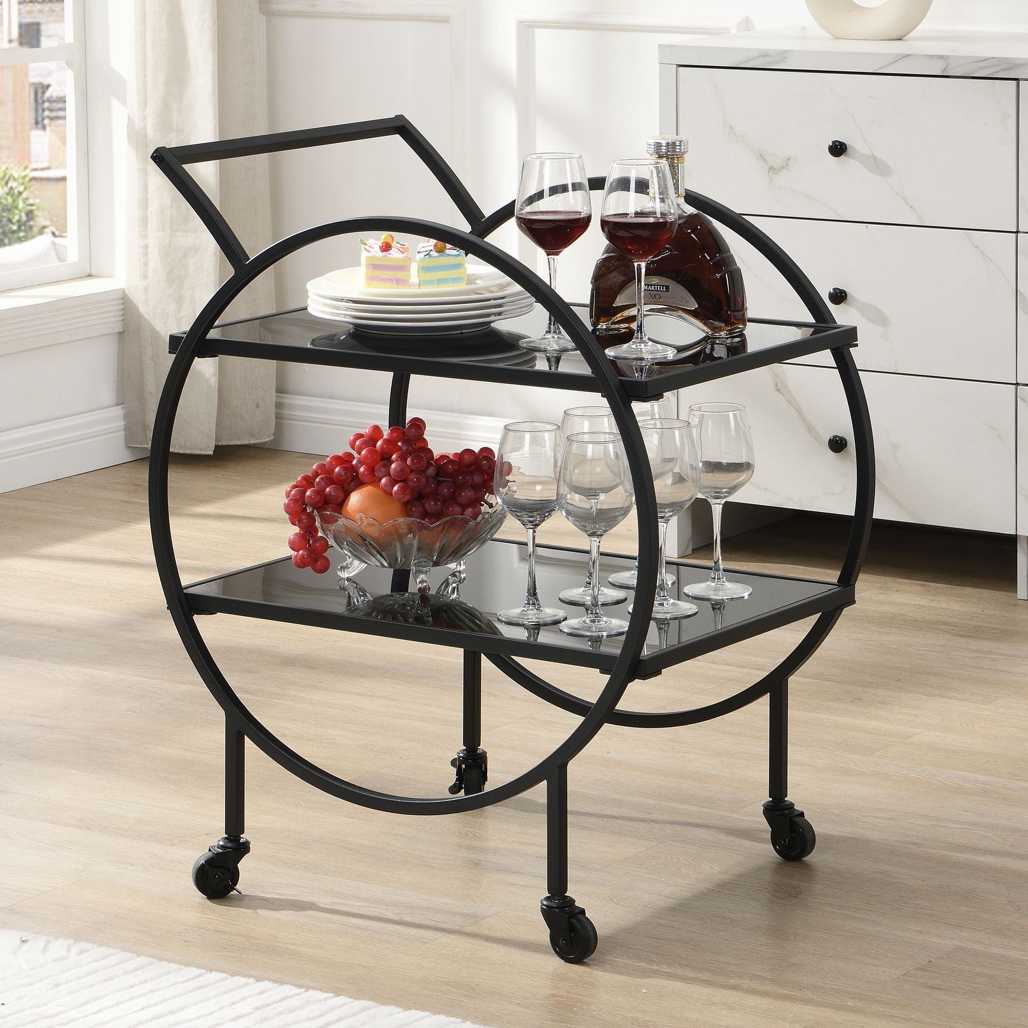 Wohnling Servierwagen Metall Schwarz Glas Rollwagen 2 Etagen Barwagen Rollen WL7.337, (45x46x83 cm Küchenwagen Glas / Metall Rechteckig), Speisewagen mit Glasplatte, Teewagen auf Rollen