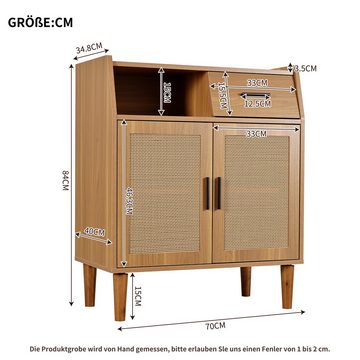 Flieks Sideboard (70x40x84 cm, 1 St), Kommode mit 2 Rattantüren Anrichte Wohnzimmer, Massivholzbeine