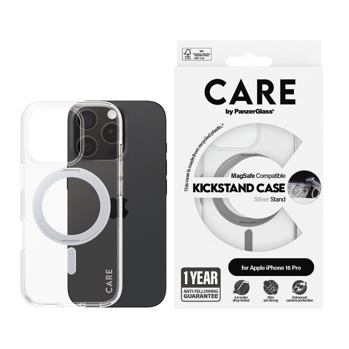 CARE by PanzerGlass Handyhülle Feature Silver Kickstand MagSafe Apple iPhone 16 Pro, Backcover, Schutzhülle, Handyschutzhülle, Case, Schutzcase, stoßfest