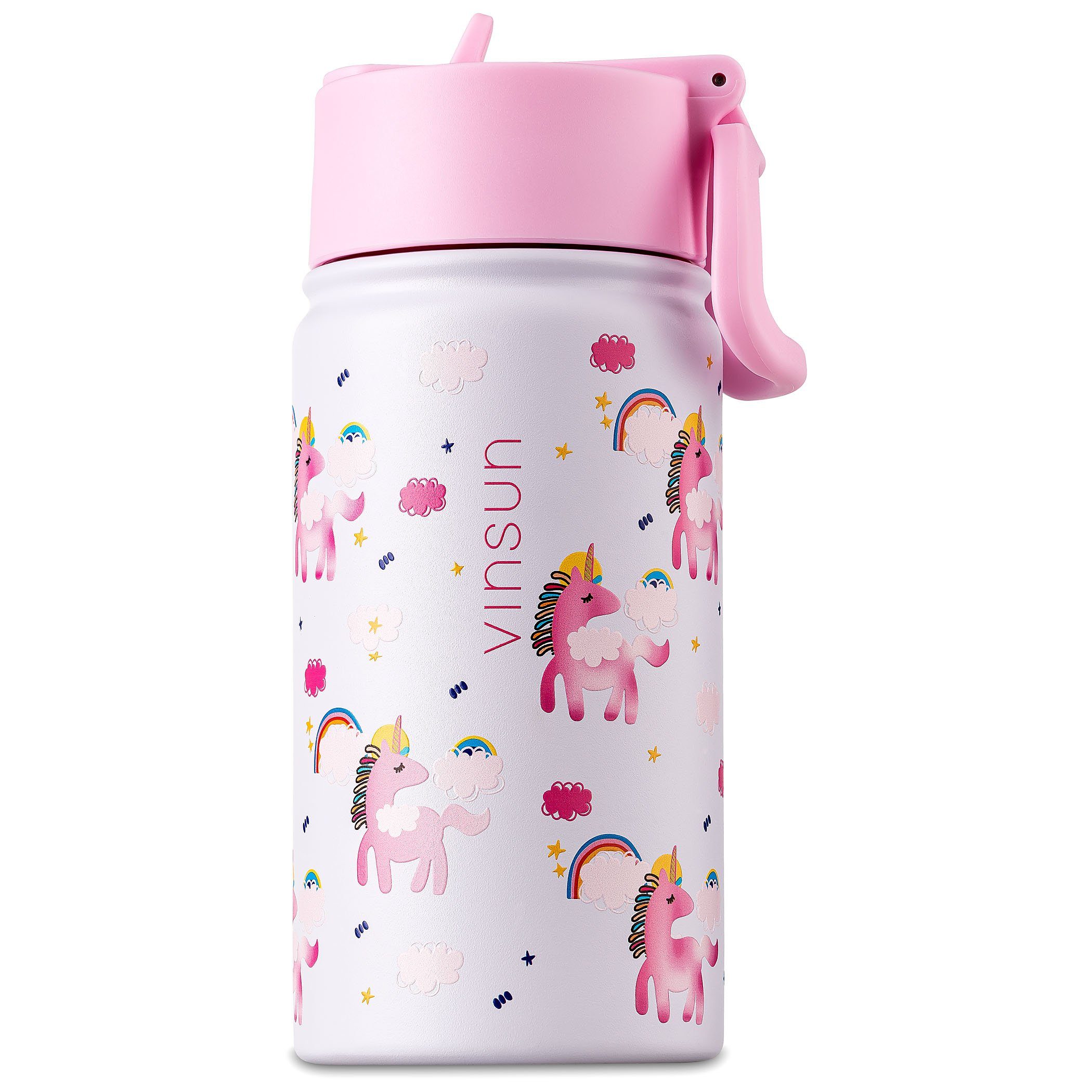 Trinkflasche Vinsun auslaufsicher, - Geschmacksneutral BPA Geruchs- Auslaufsicher Einhorn, Trinkflasche bruchsicher, mit und Strohhalm - Kinder frei, rosa 350ml