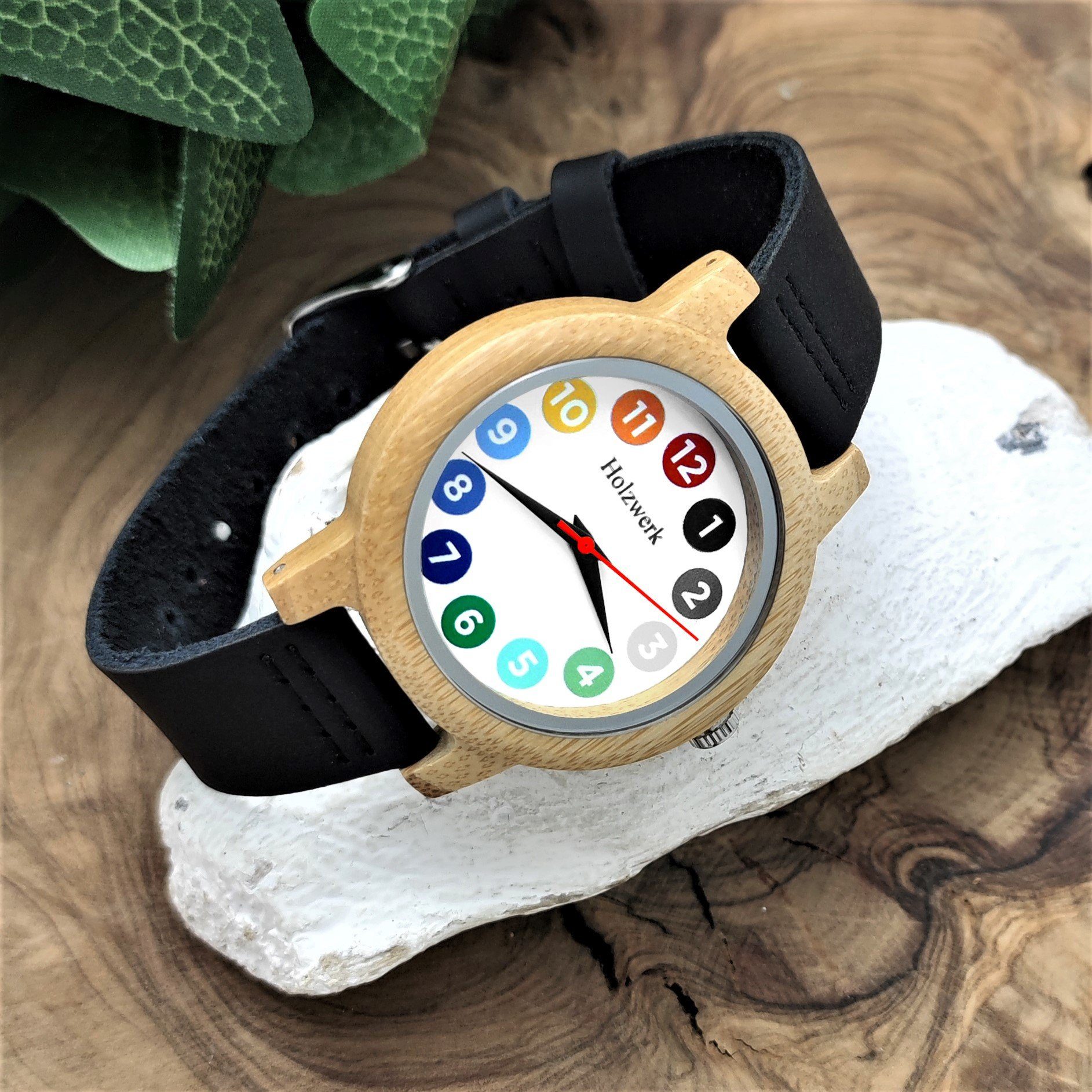 Holzwerk Quarzuhr LIL RAINBOW BLACK bunte Kinder Leder & Holz Armband Uhr, schwarz