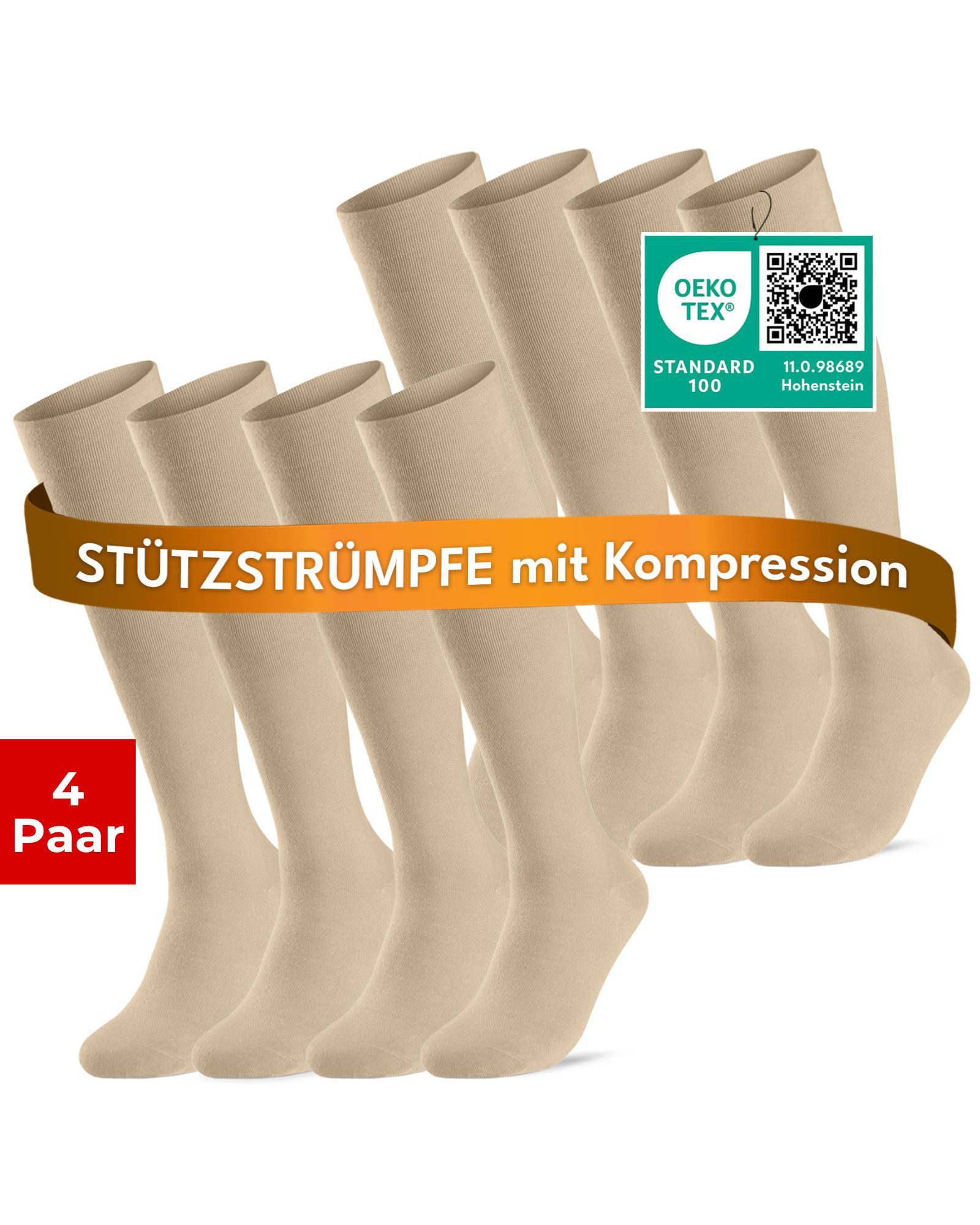 sockenkauf24 Stützkniestrümpfe Kompressionsstrümpfe Reisestrümpfe Stützstrümpfe mit Kompression (Natur, 4-Paar, 43-46) aus Baumwolle für Damen & Herren mit Komfortbund