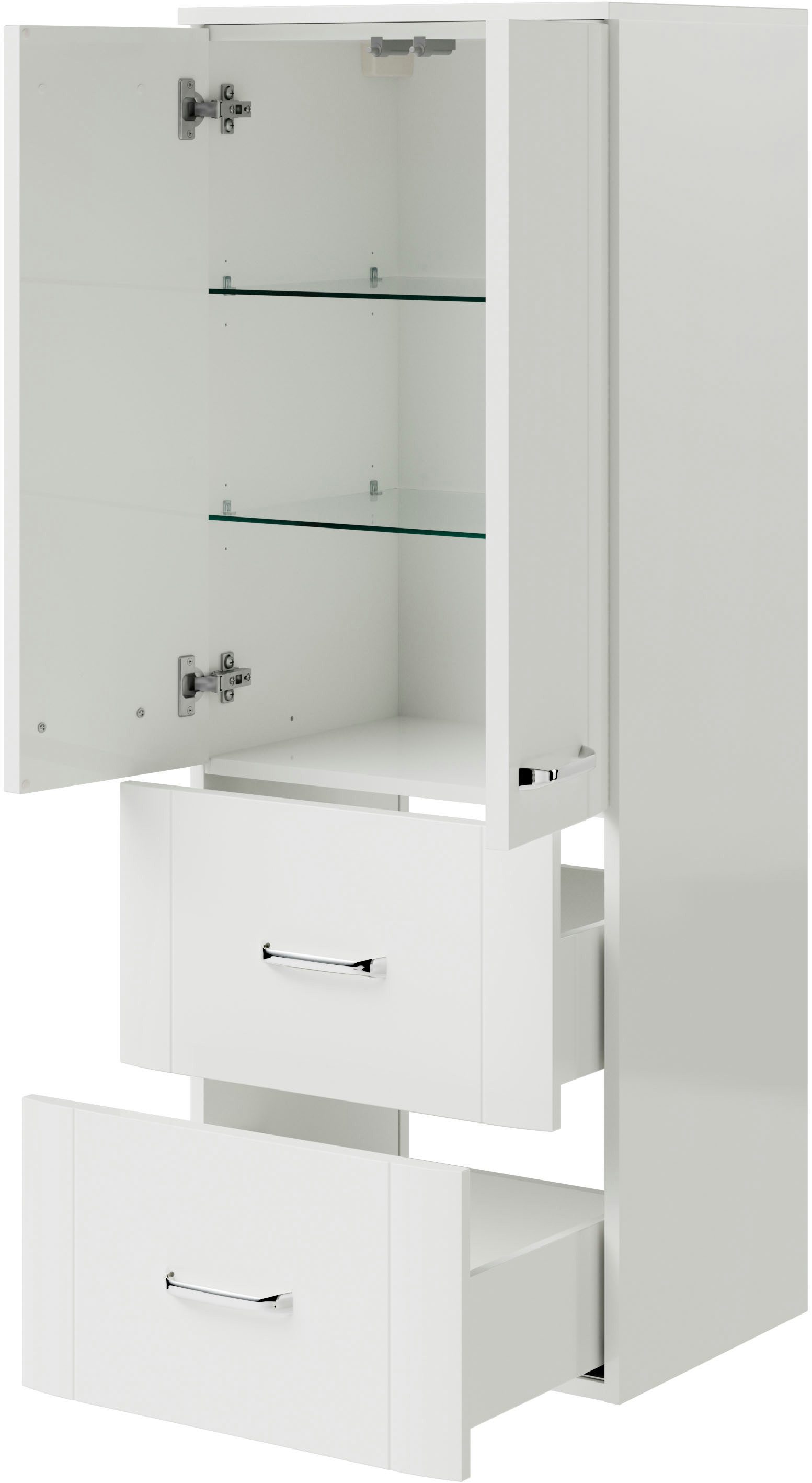 Saphir Midischrank Serie 3006 Badschrank 50cm,2 Türen,2 Schubladen,Türdämpfer 2 Glas-Einlegeböden, Badezimmer-Midischrank 130 cm hoch, 38 cm tief
