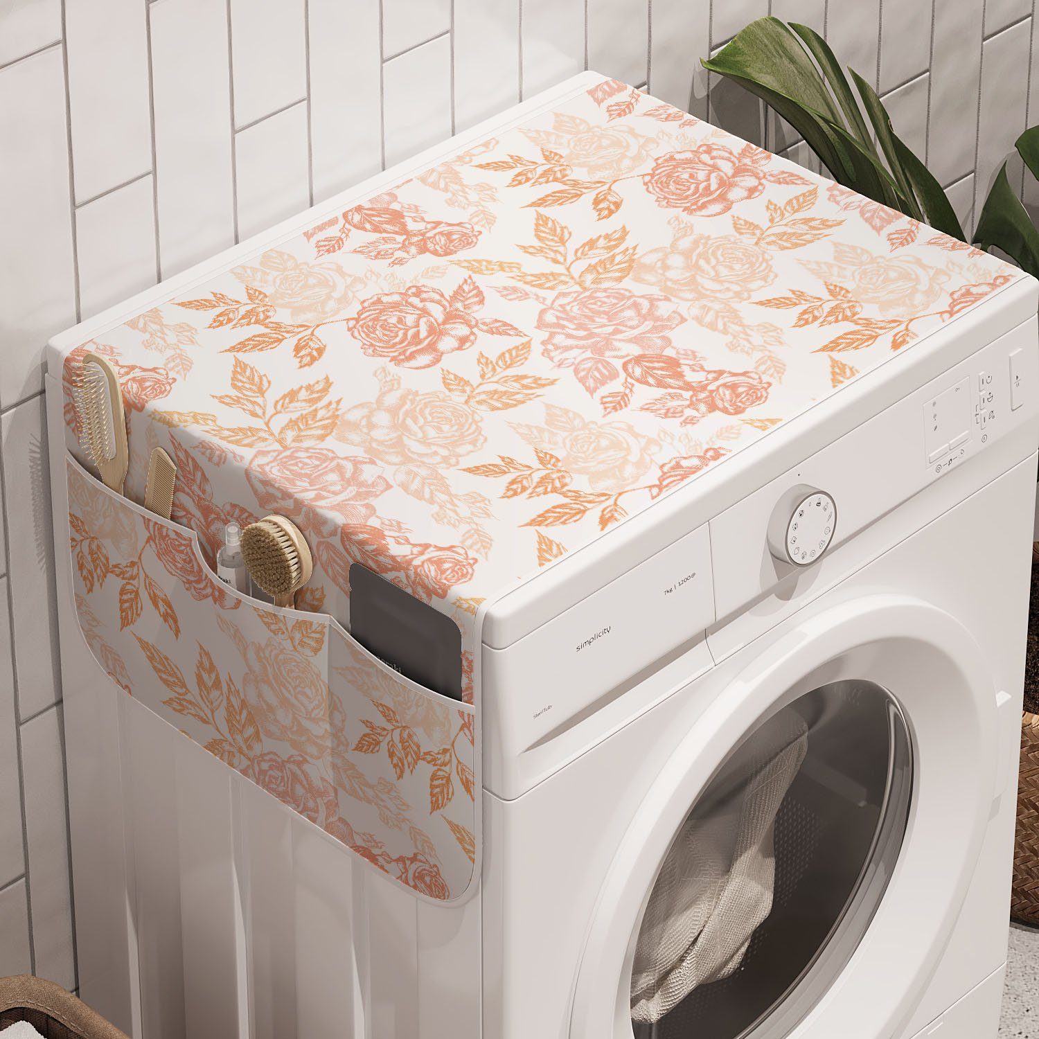 Abakuhaus Badorganizer Anti-Rutsch-Stoffabdeckung für Waschmaschine und Trockner, Vintage Rose Pfirsichfarbenen Ton-Blumenkunst