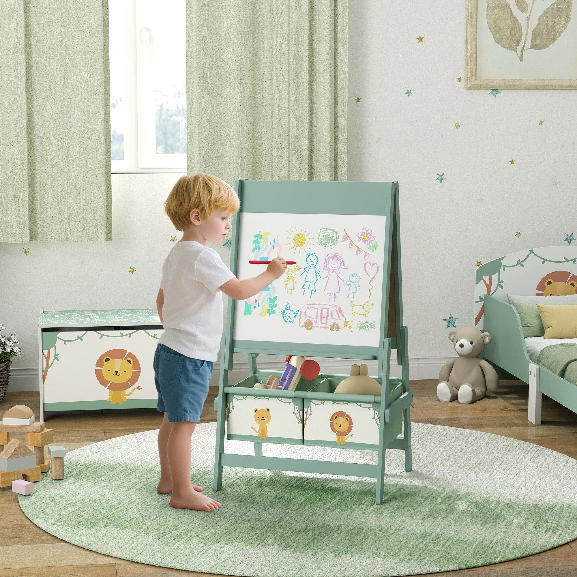 AIYAPLAY Tafel mit Kreidetafel, Whiteboard, Papierrolle, 2 Aufbewahrungsboxen, (3 in 1 Kindertafel, 2-tlg., Kinder Staffelei), mit Löwen- und Tigermotiv, für Kinder 3-8 Jahre Grün