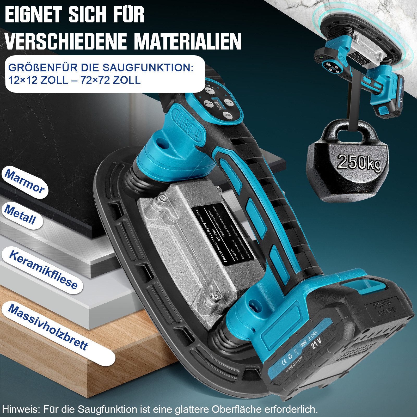 XERSEK Akku-Multifunktionswerkzeug Elektrische Fliesenleger Maschine Fliesenvibrator Fliesenrüttler, 250kg Tragkraft, 9 Gang, mit 2x2.0Ah Akku, 225 * 120mm Saug – Bild 5 von 5