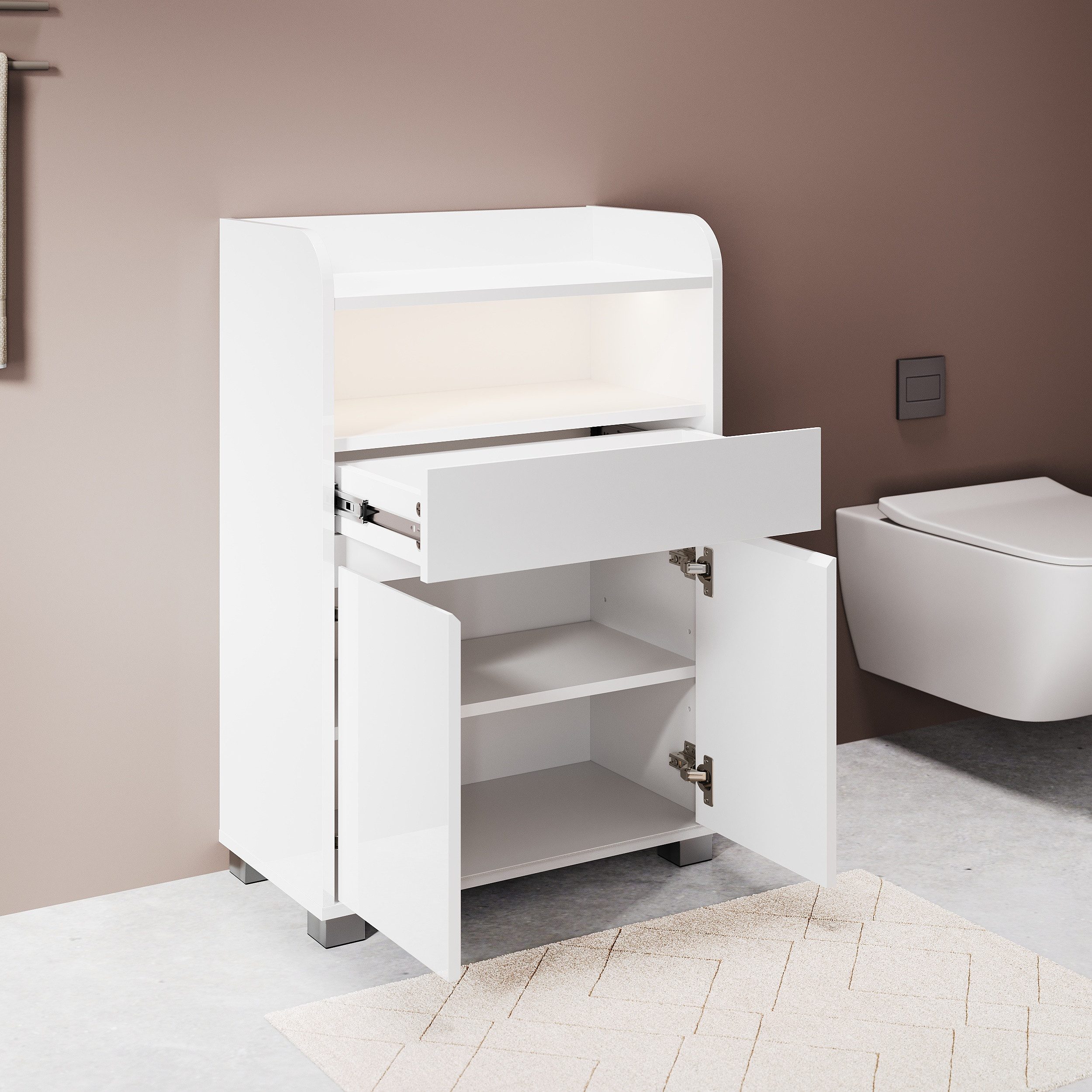 SONNI Kommode Badkommode Badezimmerschrank Höhe: 82cm mit Licht, mit 2 Türen, hochglänzende UV-Oberfläche, mit LED-Touchleuchte – Bild 4 von 5