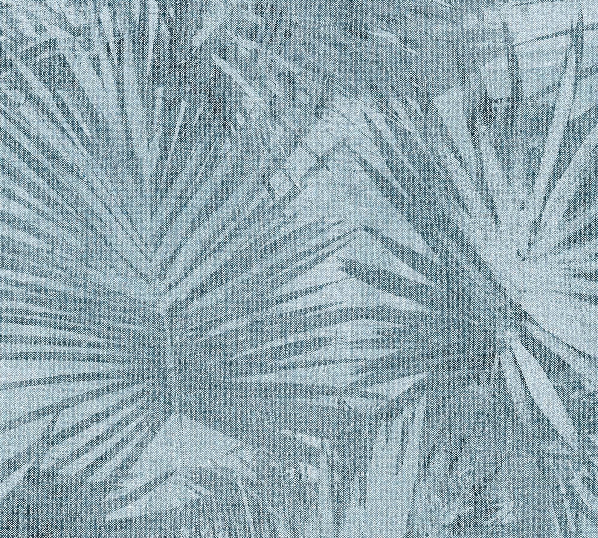 A.S. Création Vliestapete Attractive Palmentapete Grün Creme tropisch, 2 Palmentapete, blau/grau strukturiert, (1 St), matt, Dschungeltapete strukturiert