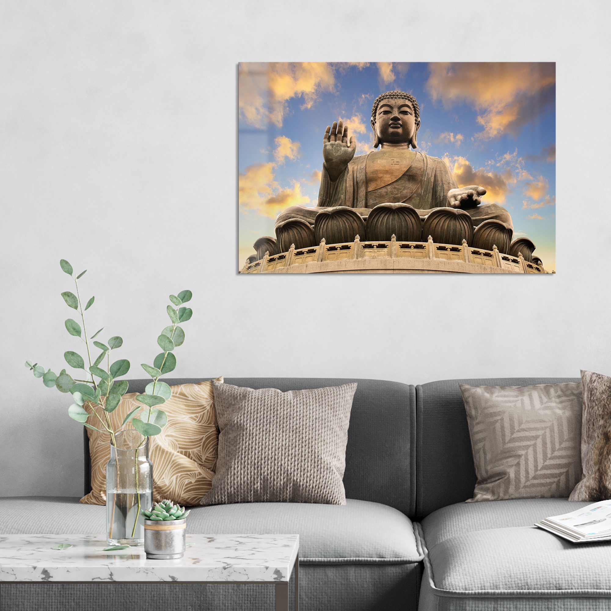 DEQORI Glasbild 'Buddha über Hongkong', 'Buddha über Hongkong', Glas Wandbild Bild schwebend modern