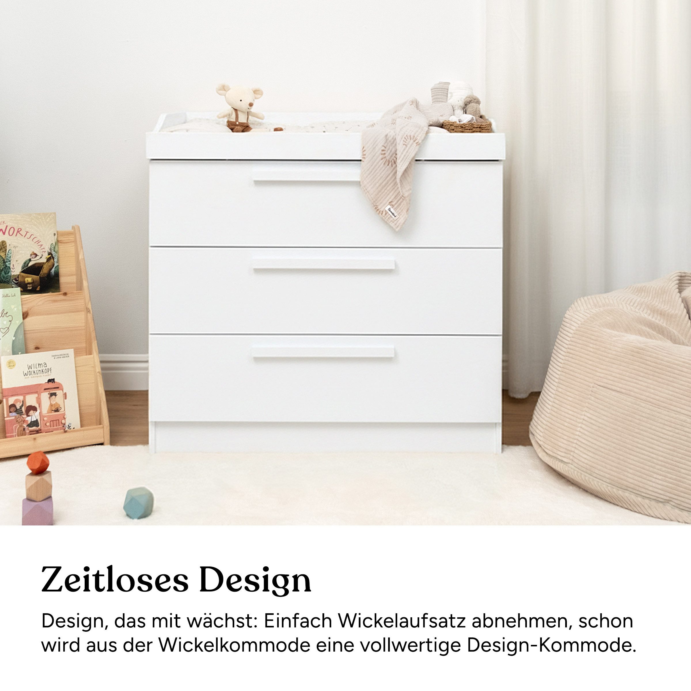 Ehrenkind Wickelkommode Linia mit abnehmbarem Wickelaufsatz aus Kiefer, 3 Schubladen + Regal, made in Europe – Bild 2 von 5
