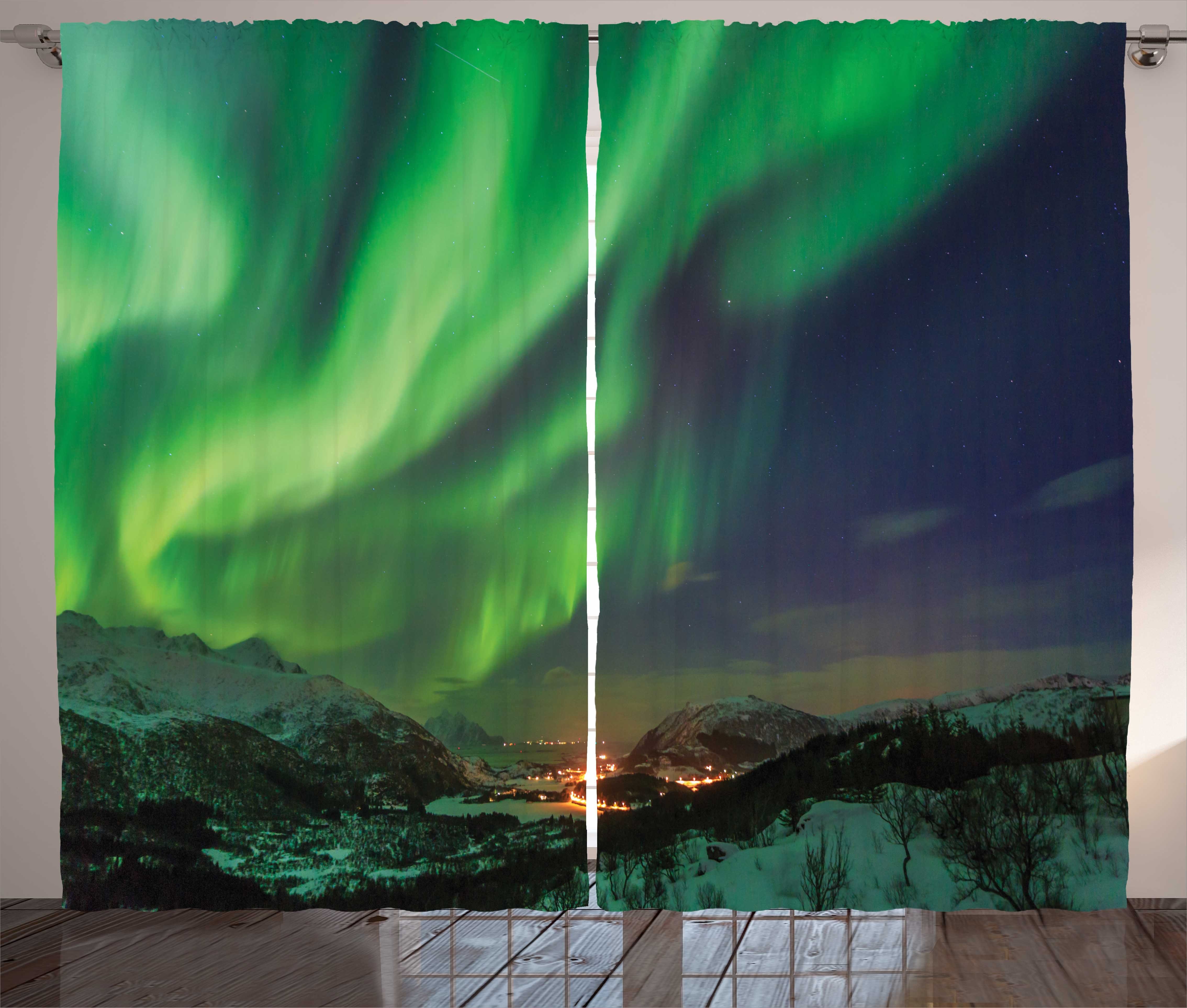 Schlaufen Aurora mit Borealis Kräuselband Schlafzimmer Grün-Töne und Vorhang Norwegen Abakuhaus, Gardine Haken,