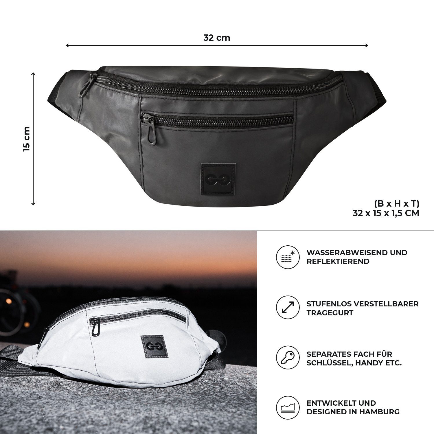 URBAN ZWEIRAD Gürteltasche URBAN ZWEIRAD Wasserabweisend Bauchtasche Damen & Herren schwarz, reflektierend