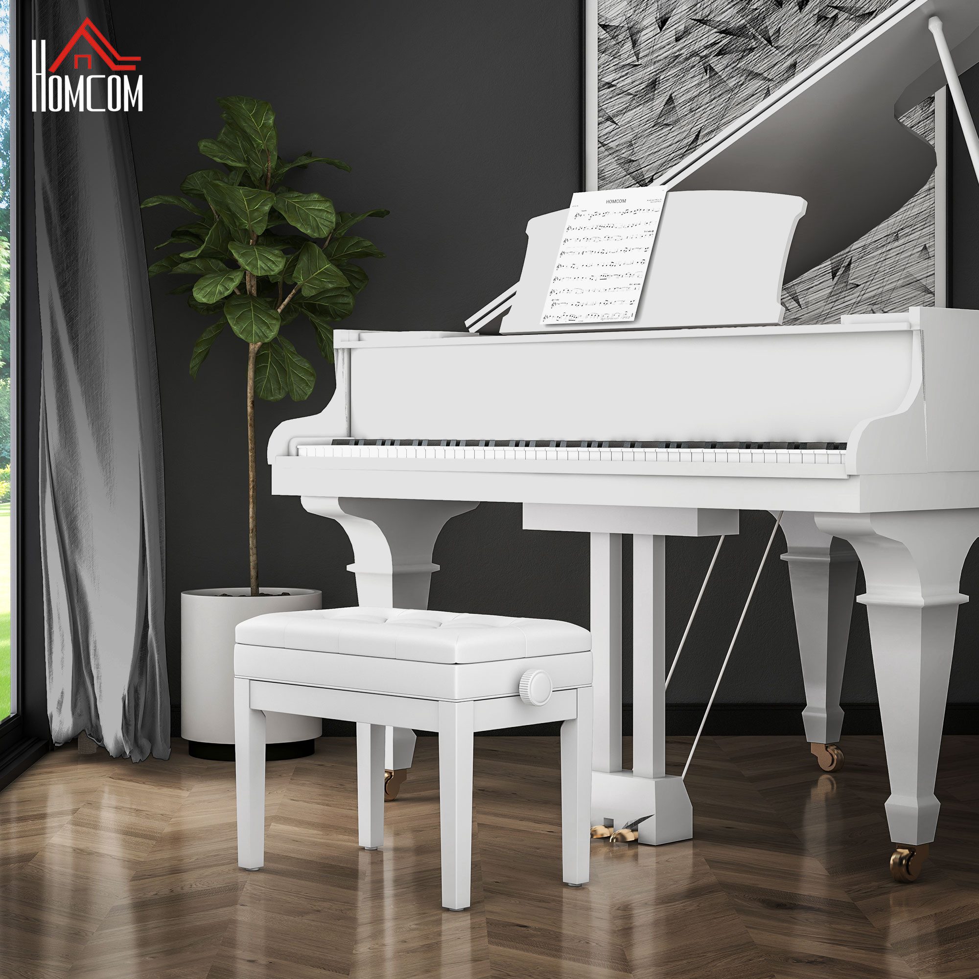 HOMCOM Klavierbank Sitzbank mit Stauraum, Holzbeine, Klavierhocker Kunstleder (Klavierhocker, 1-St., Höhenverstellbar Sitzbank), für Musikzimmer, belastbar bis 200 kg, Weiß