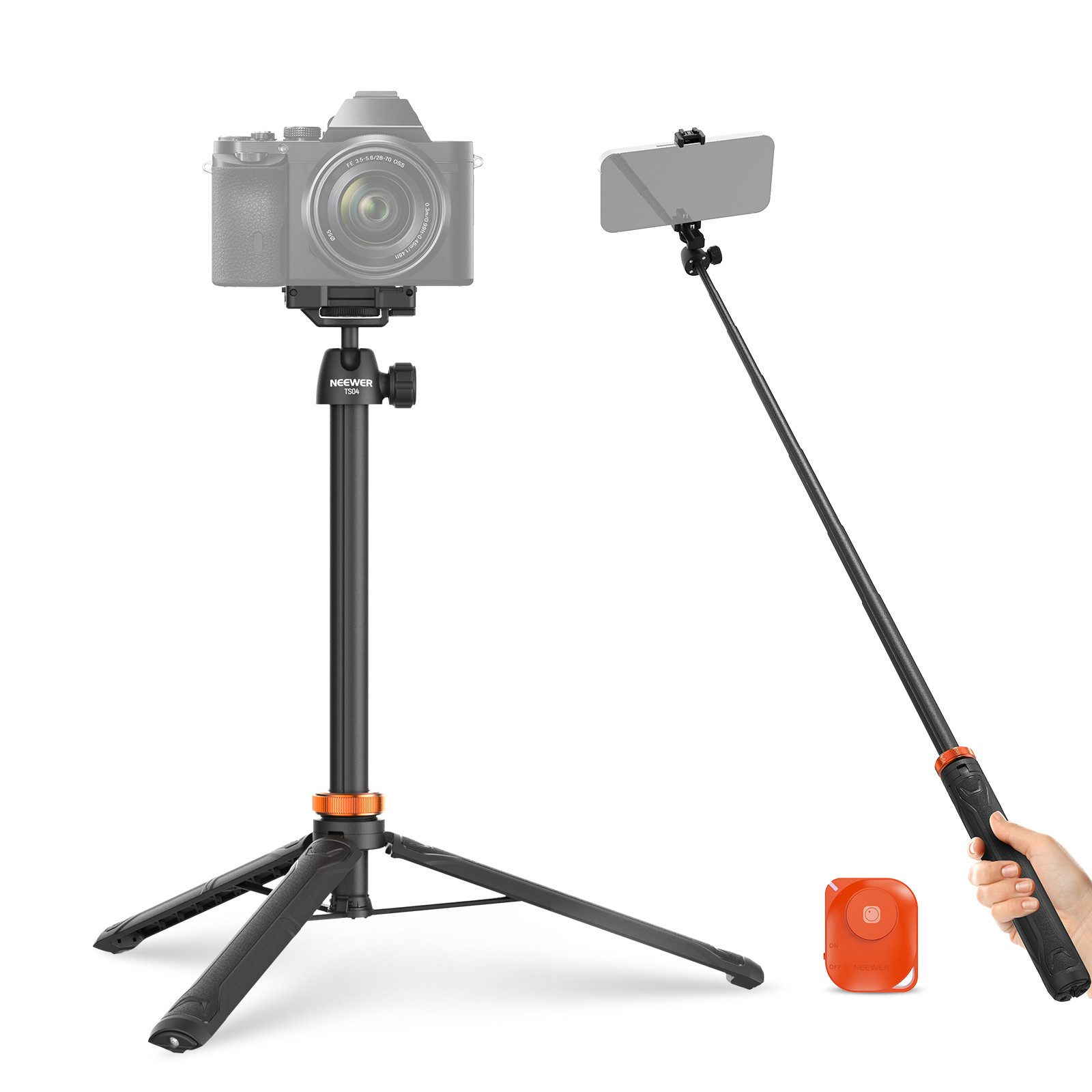 Neewer TS04 59"Selfie Stick Stativ, mit Fernbedienbarem und Kugelkopf Handstativ (Kleines Metall Tragbares Reisestativ für iPhone & DSLR Kameras)