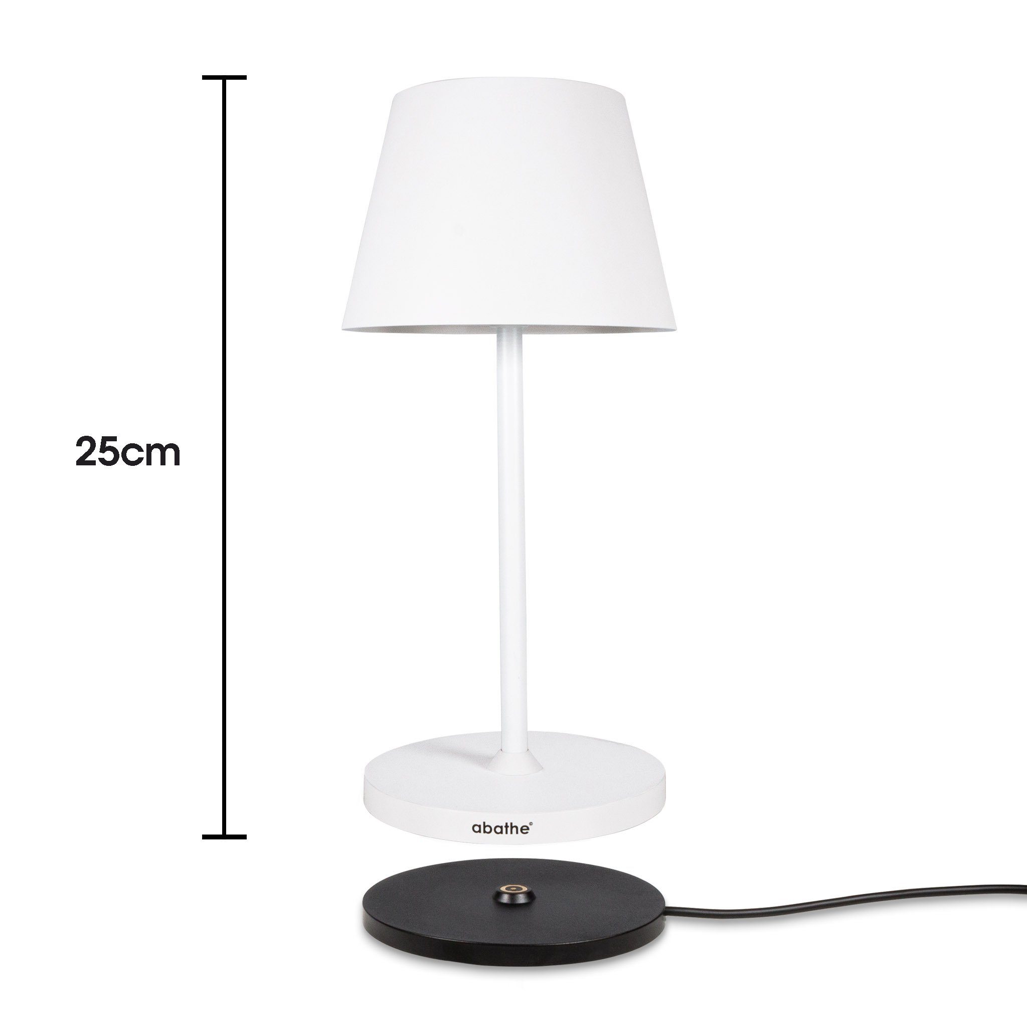 abathe USB-Tischleuchte abathe LED Akku Tischleuchte round mit Ladestation weiß, dimmbar, aufladbar, sichtfreie Höhe von 25cm, IP54, Ladestation, 2700K