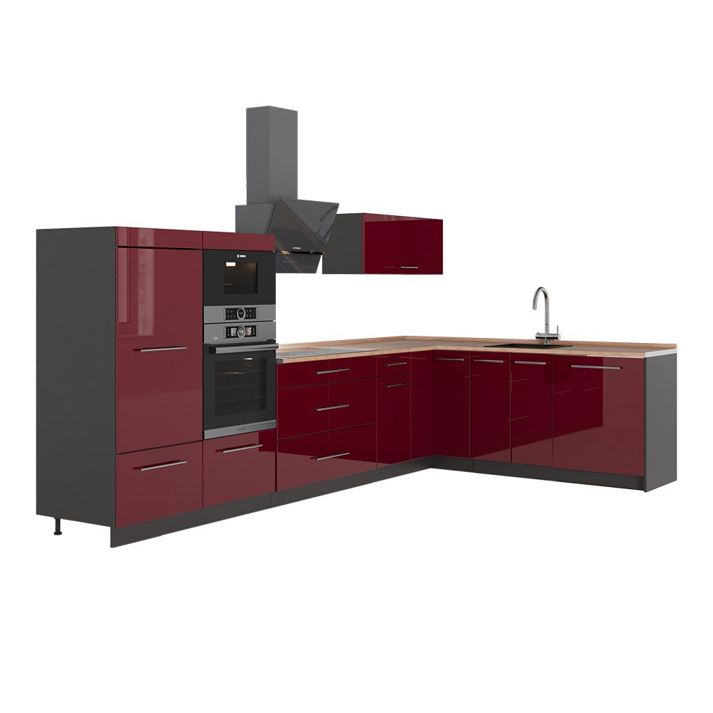 Vicco Winkelküche Fame-Line, Bordeaux Hochglanz/Anthrazit, 347 x 207 cm, AP Eiche