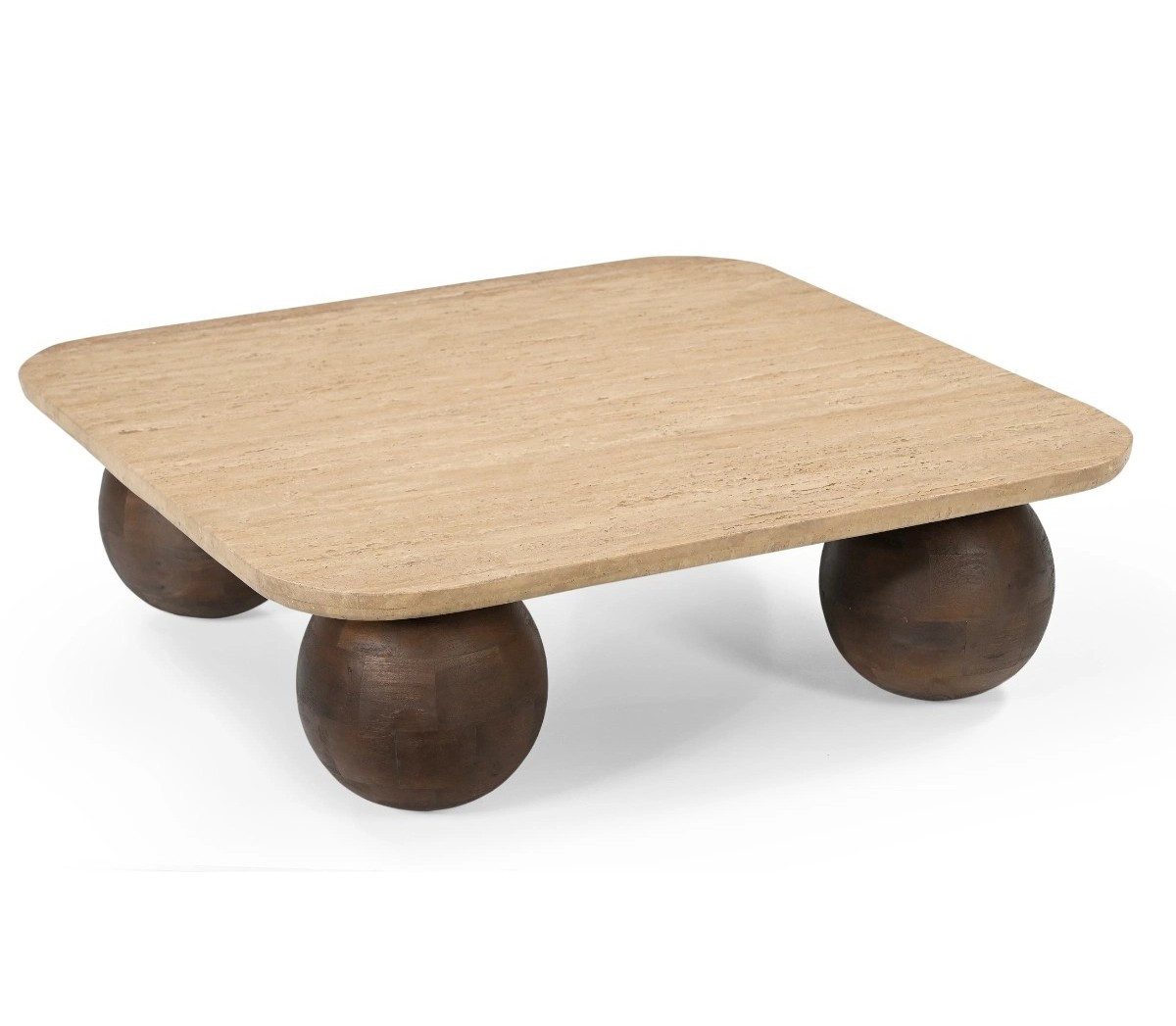 LEVEN Lifestyle Couchtisch TAVIO NATUR Japandi Tischplatte aus echtem Travertin & Holzgestell., Quadratische Form: 90 x 90 cm