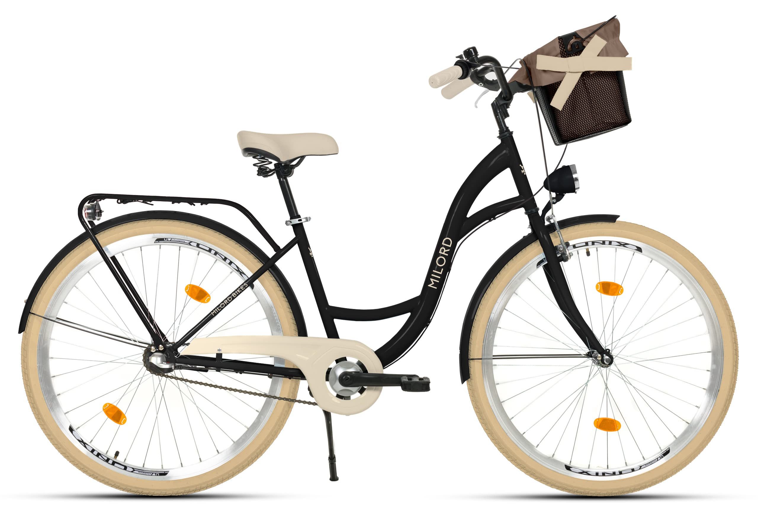Milord Cityrad Milord City Fahrrad Korb Damen, 28/26 Zoll, Schwarz-Creme, 3-Gang, 3 Gang, (Fahrradständer, Gepäckträger, Klingel, Korb, Kotflügel)