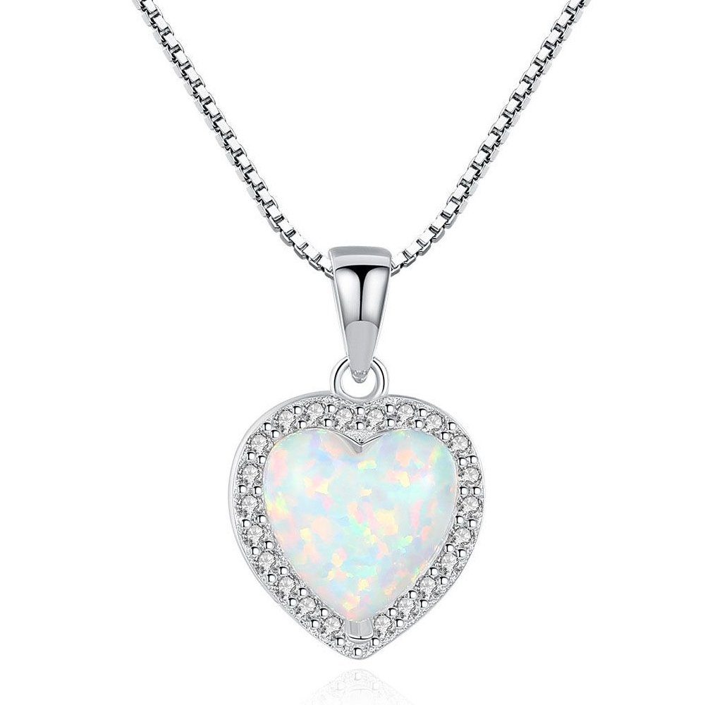 Limana Herzkette 925 Sterling Silber Kette mit Herz Anhänger 40-45cm künstlicher Opal, Liebe Geschenk für Frauen Damen Ehefrau Freundin Idee Liebesgeschenk