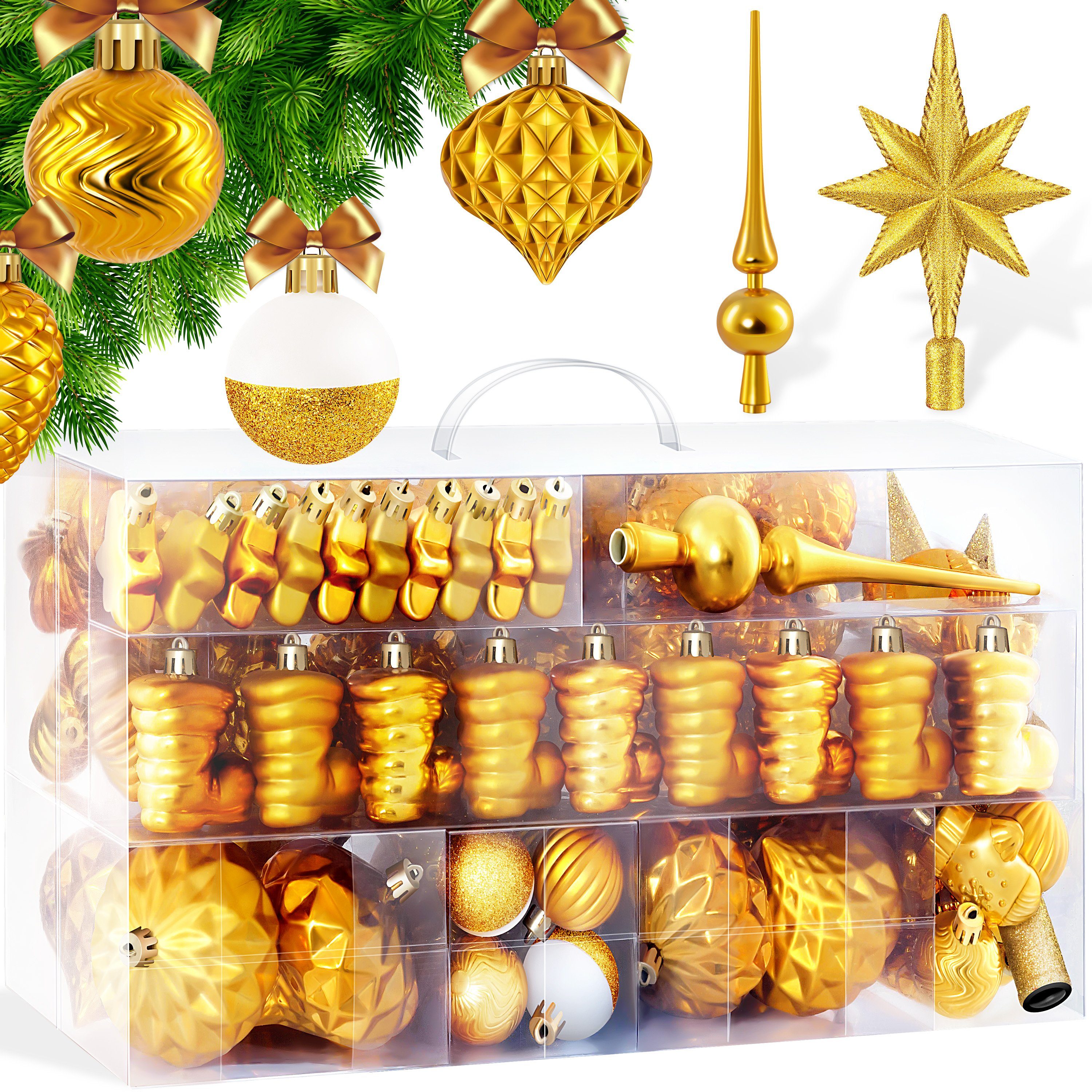 KESSER Christbaumschmuck (101-tlg), Weihnachtskugeln 101-teiliges Christbaumk gold Set Baumspitze